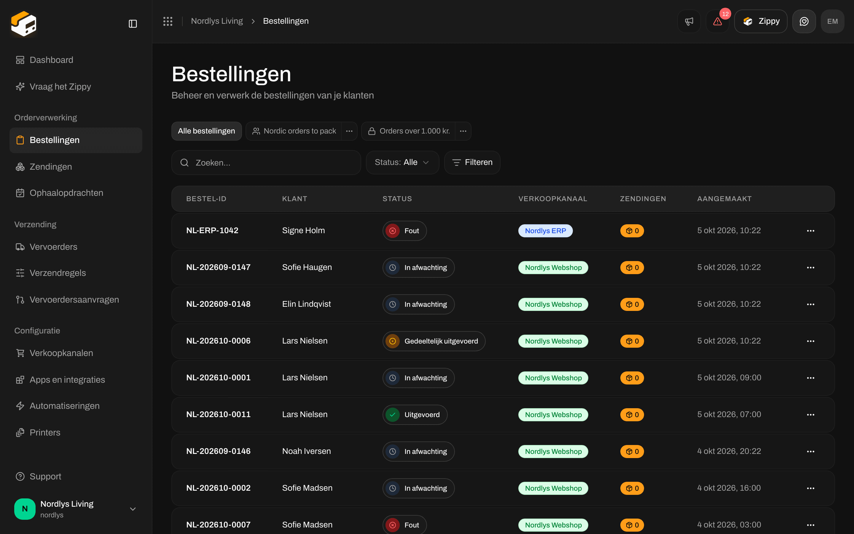 Bestellijst met het zoekvak Zoeken, de lijst Status en de knop Filteren boven de tabel