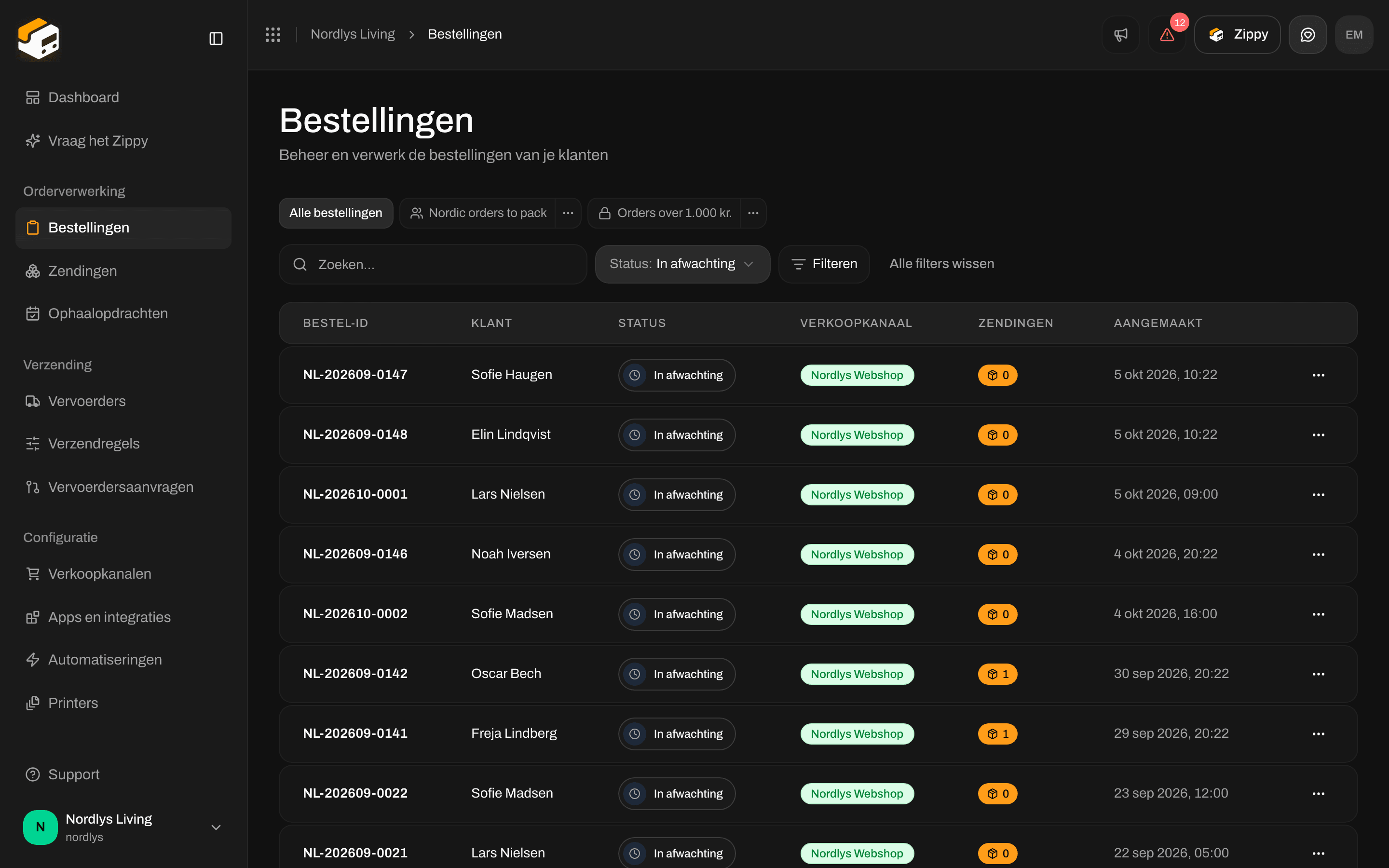 Bestellijst met alleen bestellingen met de status In afwachting