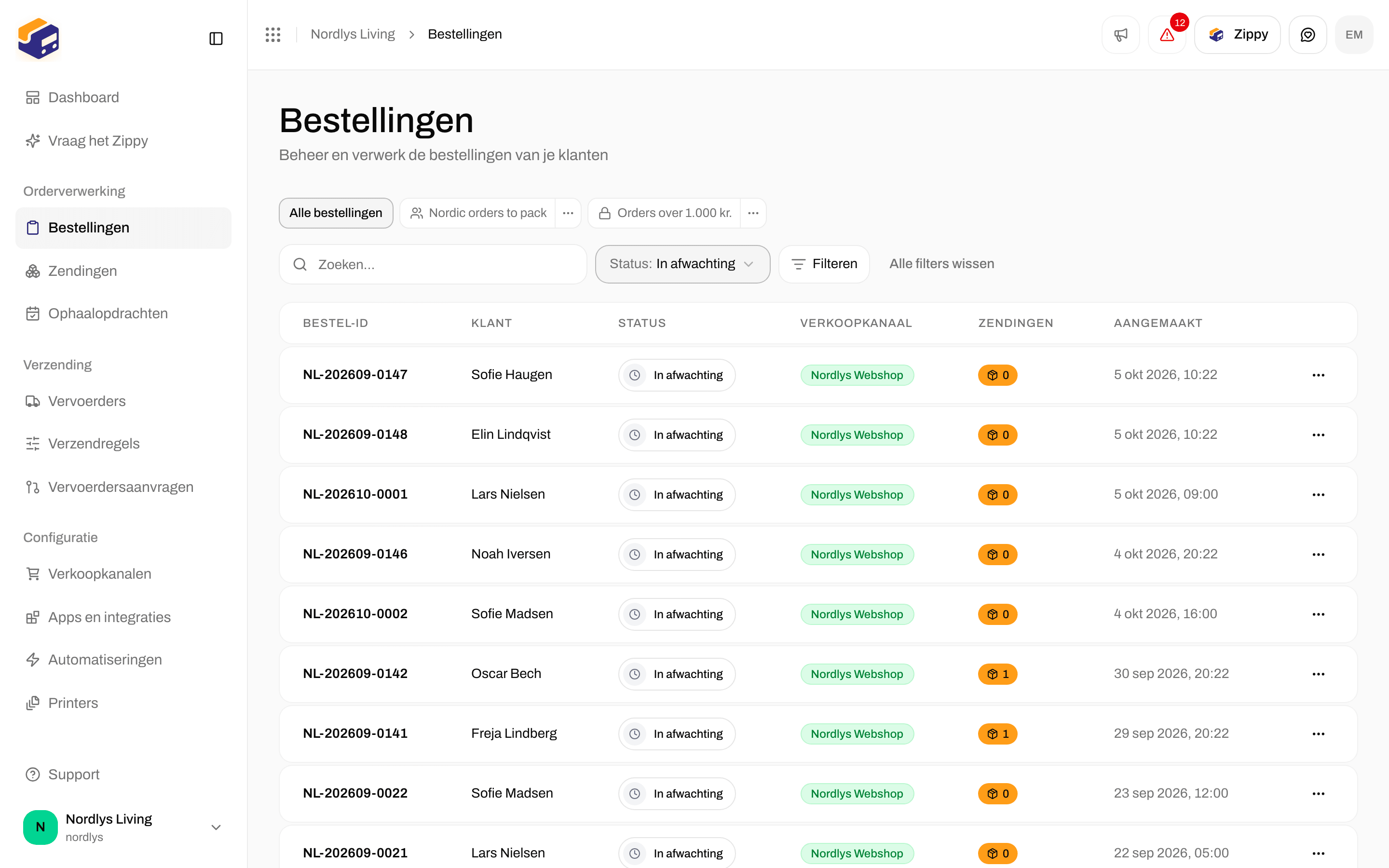 Bestellijst met alleen bestellingen met de status In afwachting
