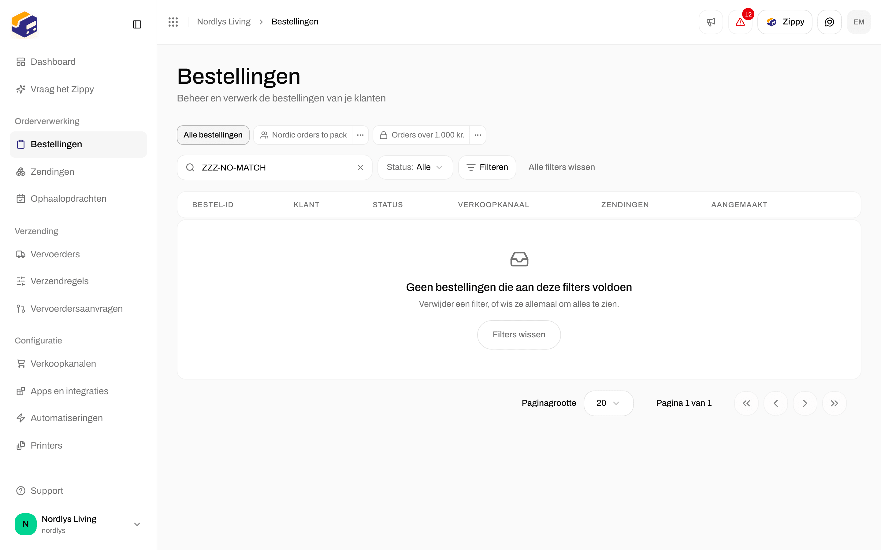Lege bestellingentabel met Geen bestellingen die aan deze filters voldoen en een knop Filters wissen