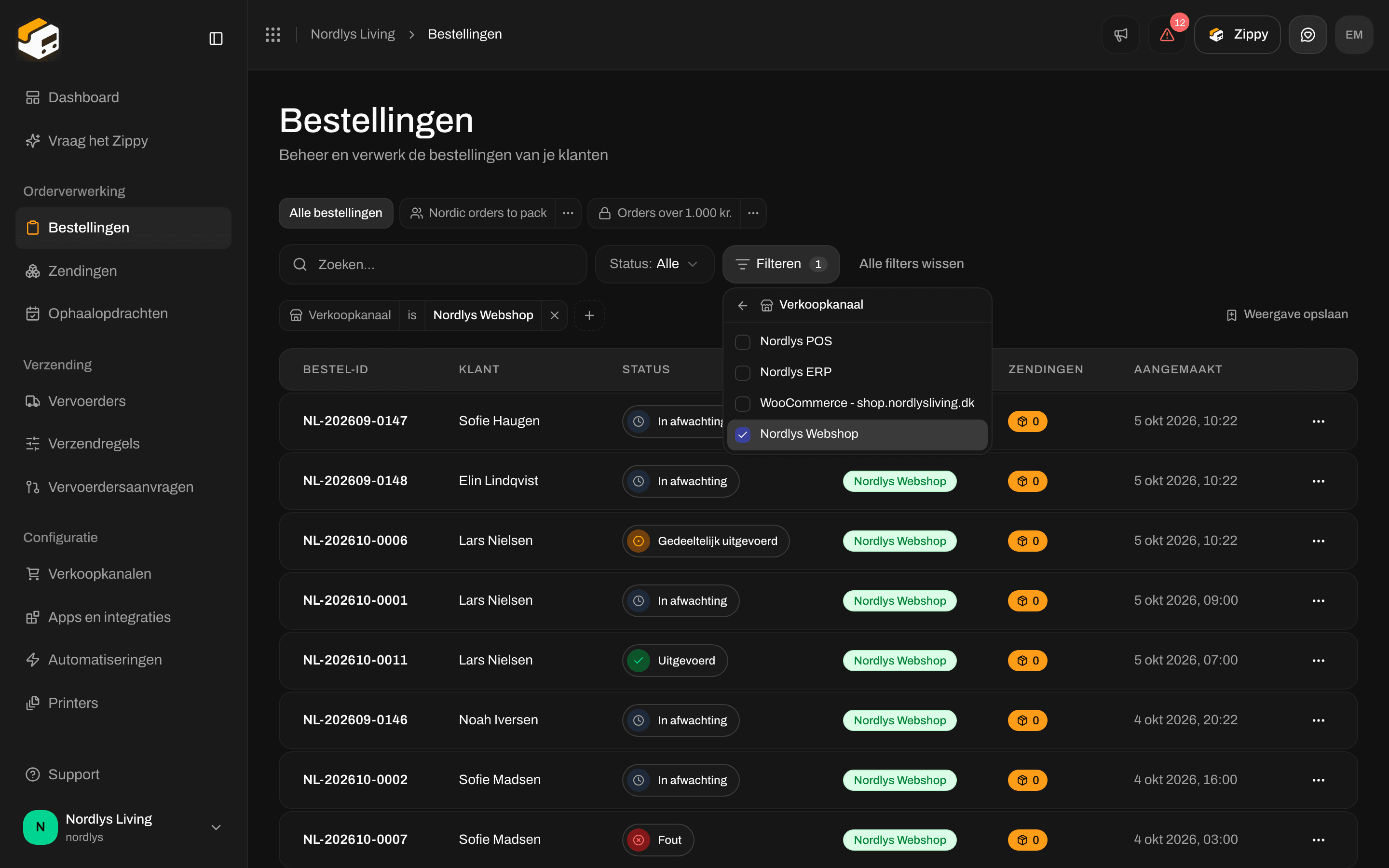 Bestellijst met een filterlabel Verkoopkanaal boven de tabel