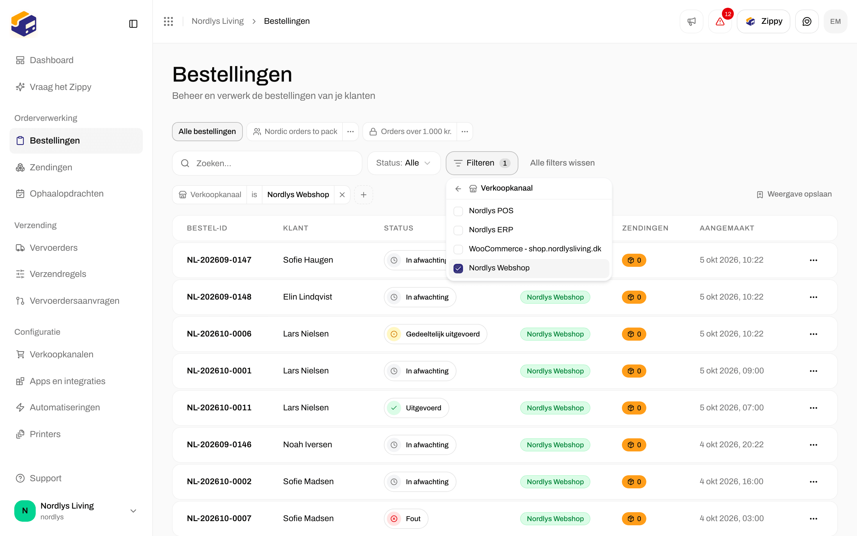 Bestellijst met een filterlabel Verkoopkanaal boven de tabel