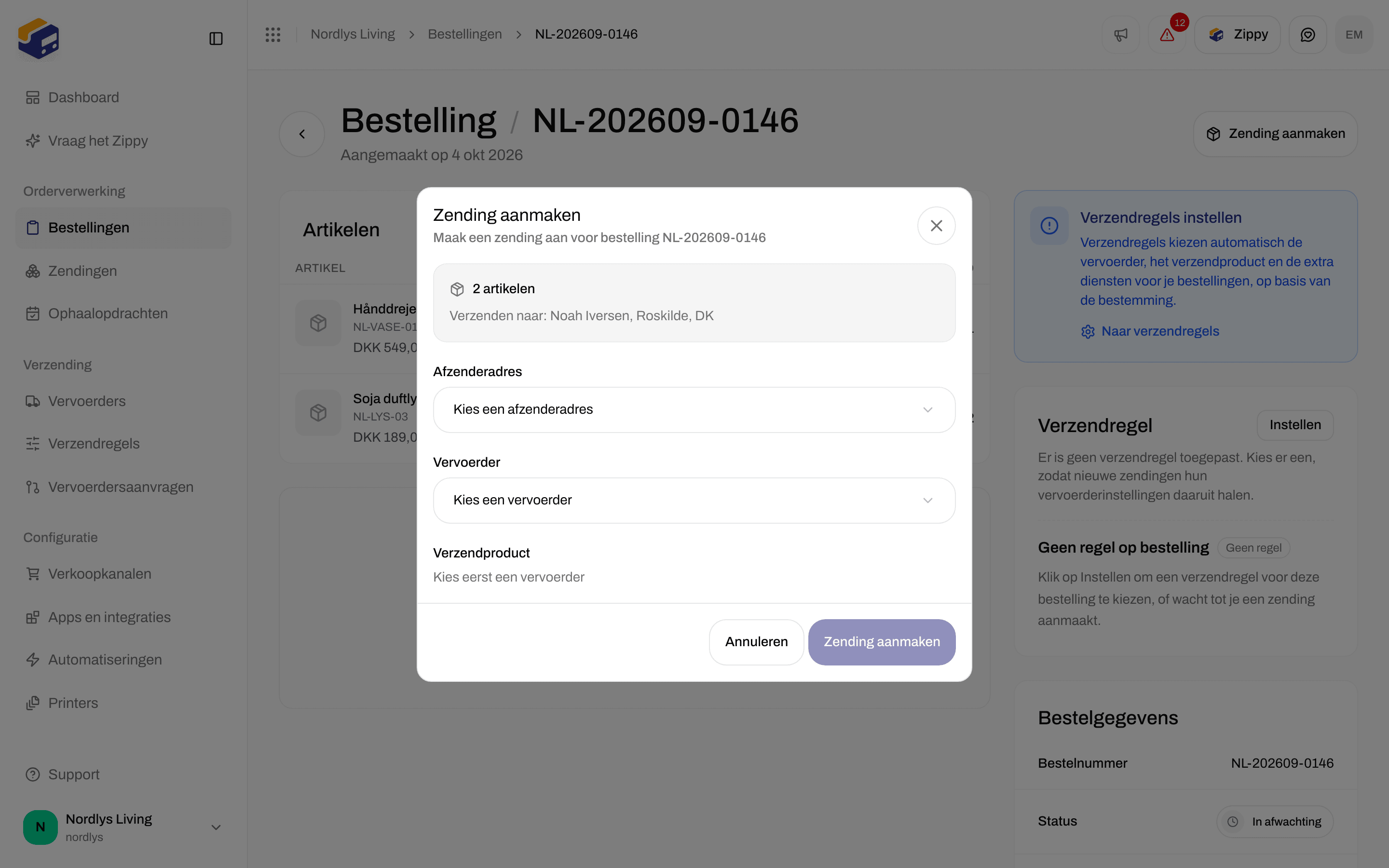 Venster Zending aanmaken met de velden Afzenderadres, Vervoerder en Verzendproduct