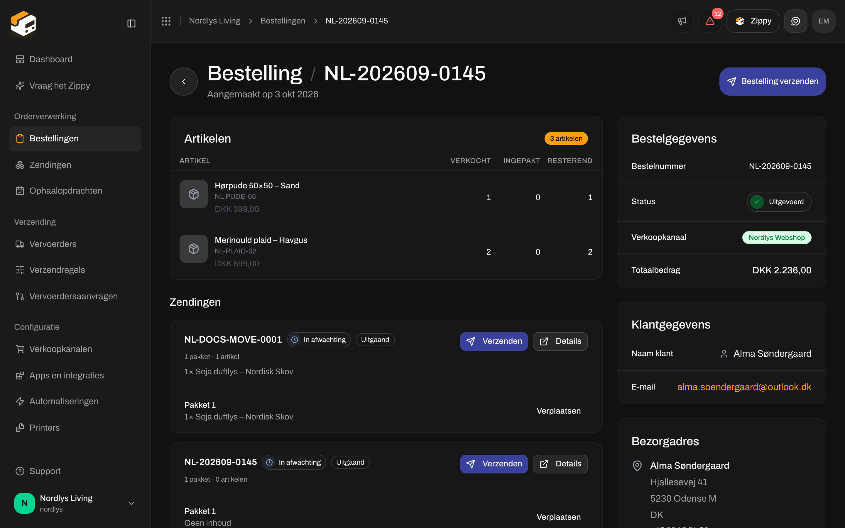 Uitgevoerde bestelling met klantgegevens en bezorgadres