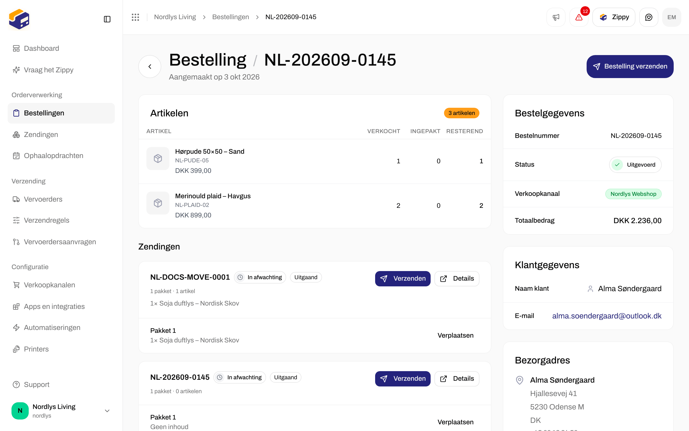 Uitgevoerde bestelling met klantgegevens en bezorgadres