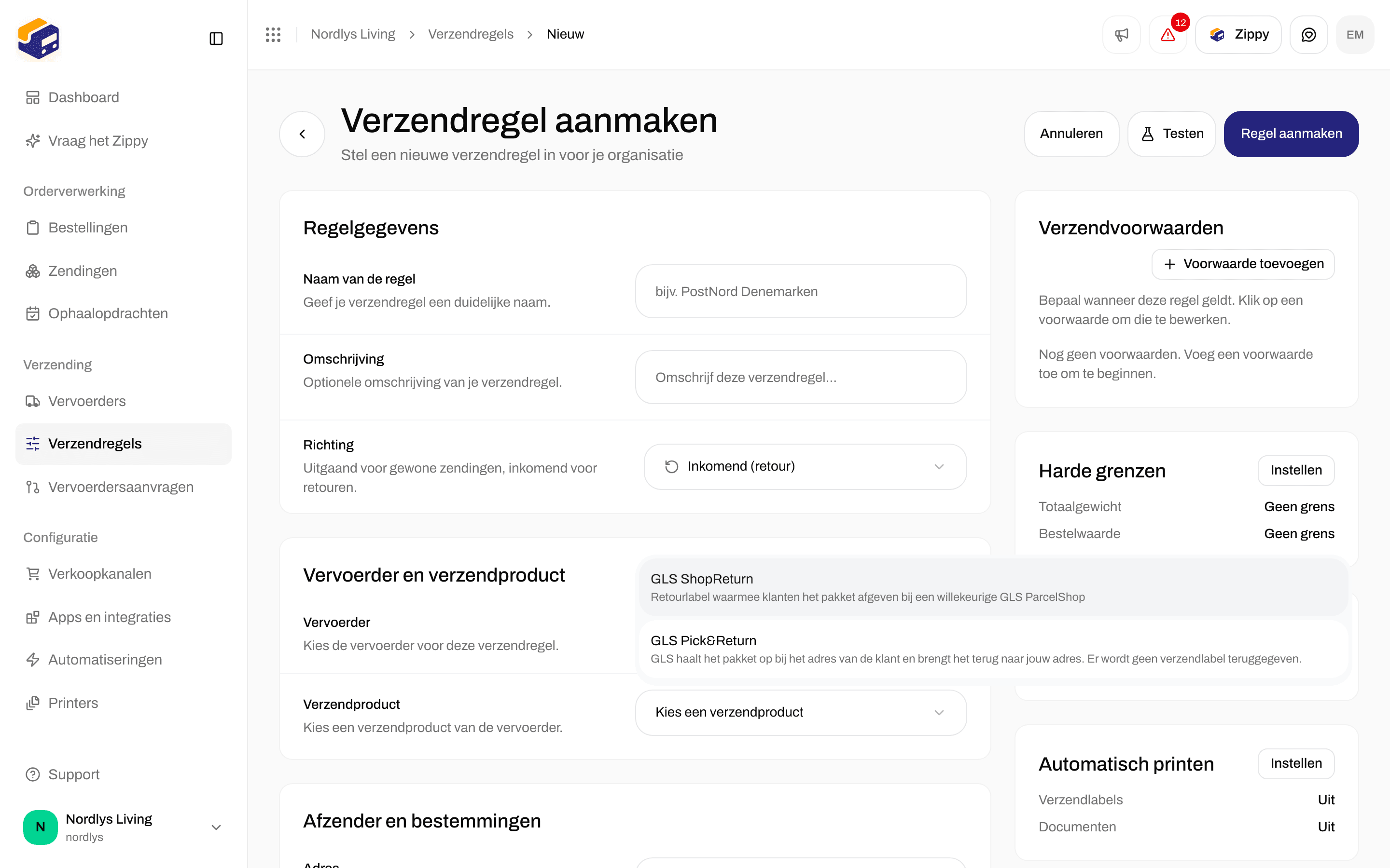 Verzendregel aanmaken met Richting Inkomend (retour), GLS Denmark, en GLS ShopReturn en GLS Pick&Return in de lijst met verzendproducten