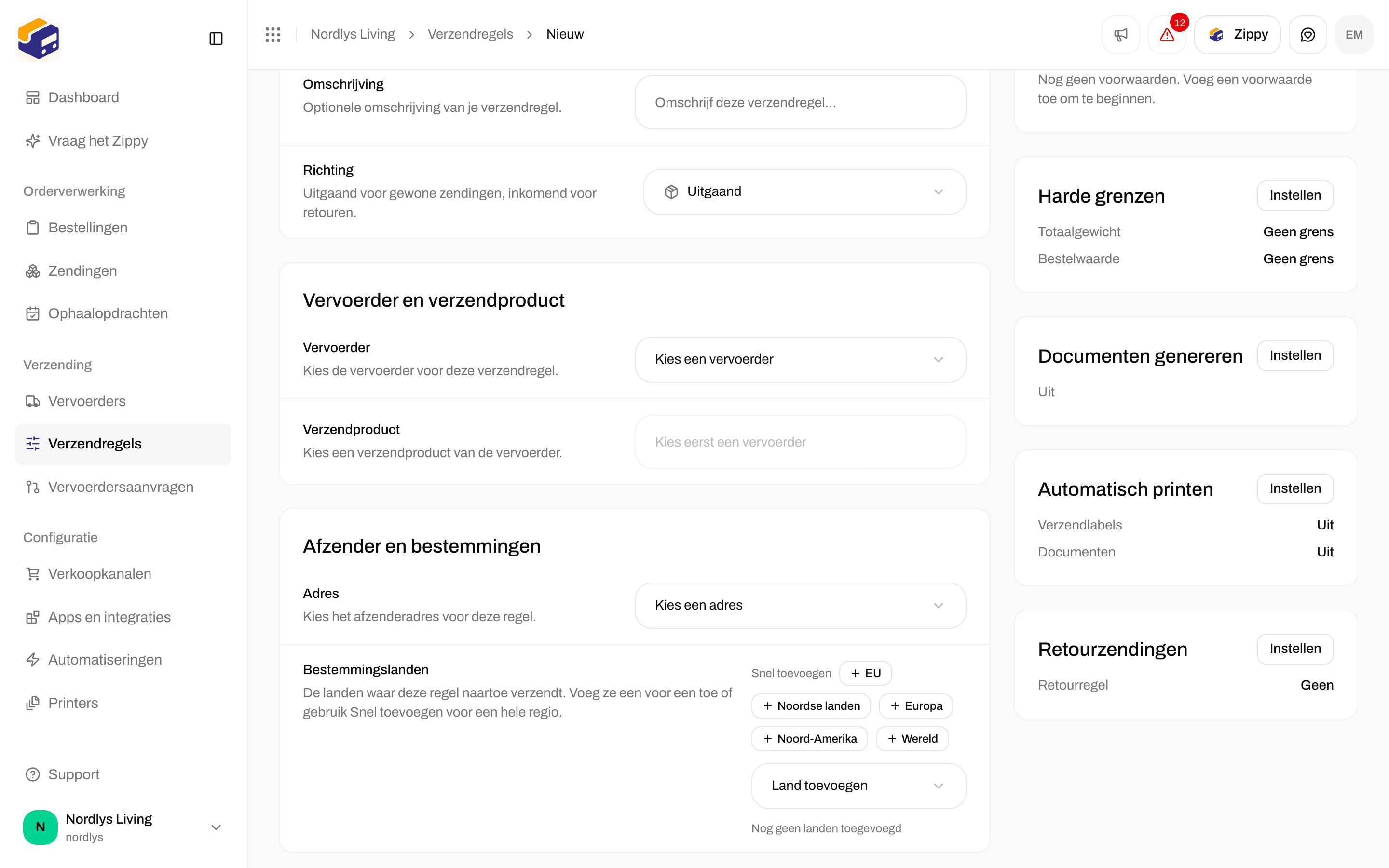 Sectie Retourzendingen met Verzendregel voor retouren ingesteld op Geen, onder Automatisch printen