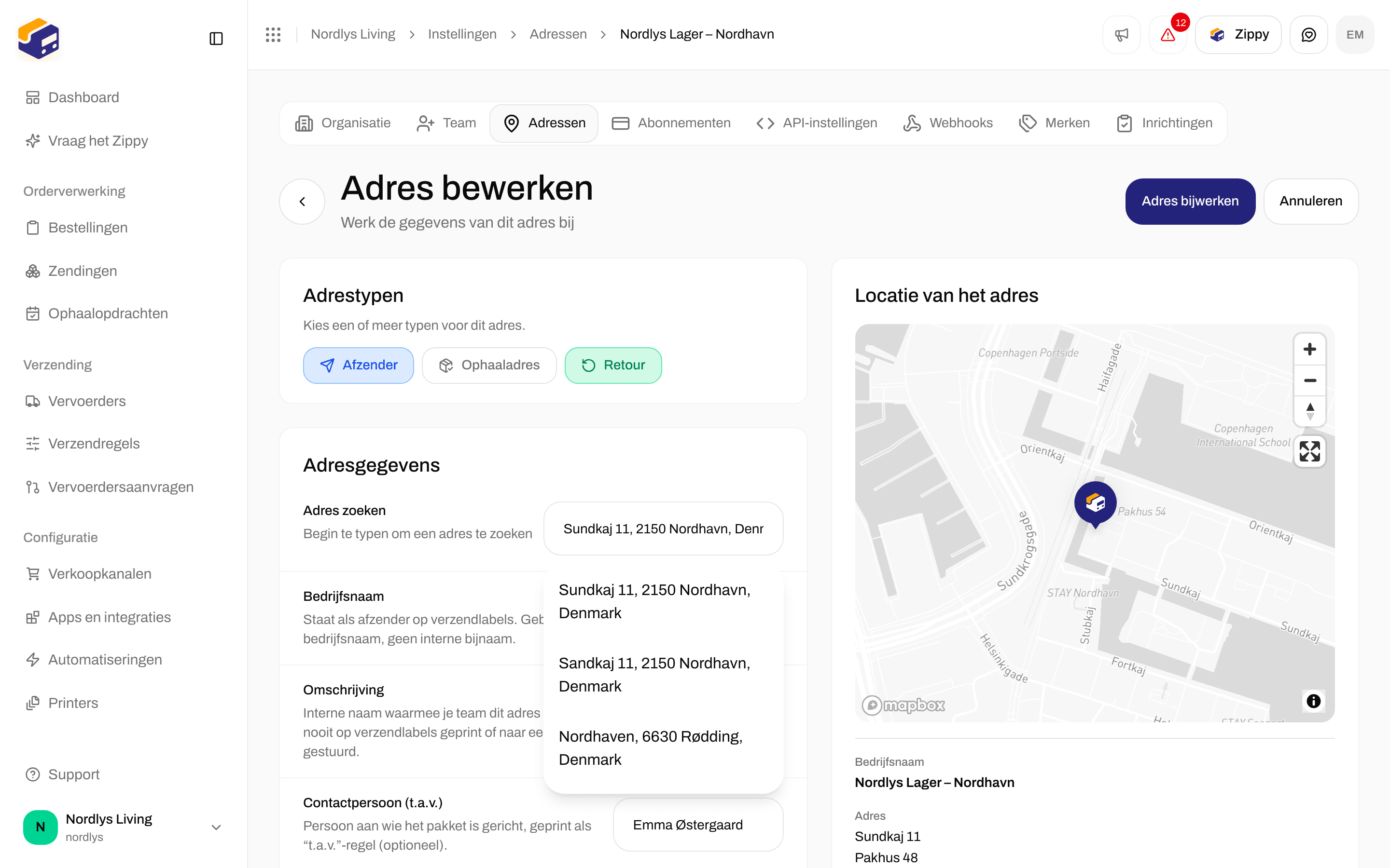 Adres bewerken met de Adrestypen Afzender, Ophalen en Retour, met Retour aangevinkt