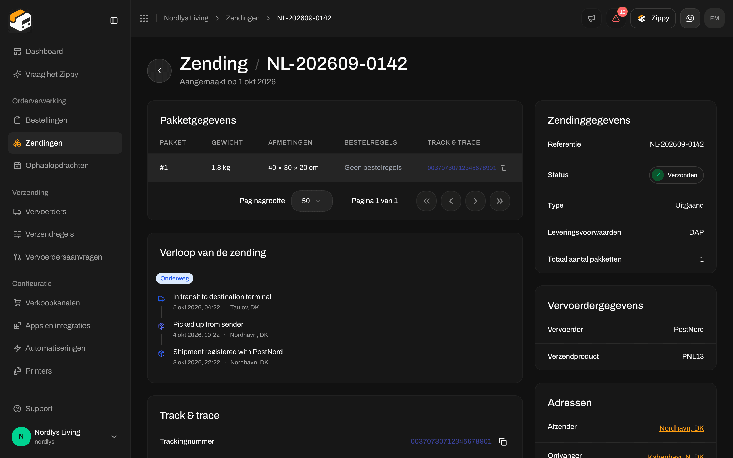 Overzicht van een verzonden uitgaande zending zonder retourregel, dus zonder knop Retourzending aanmaken
