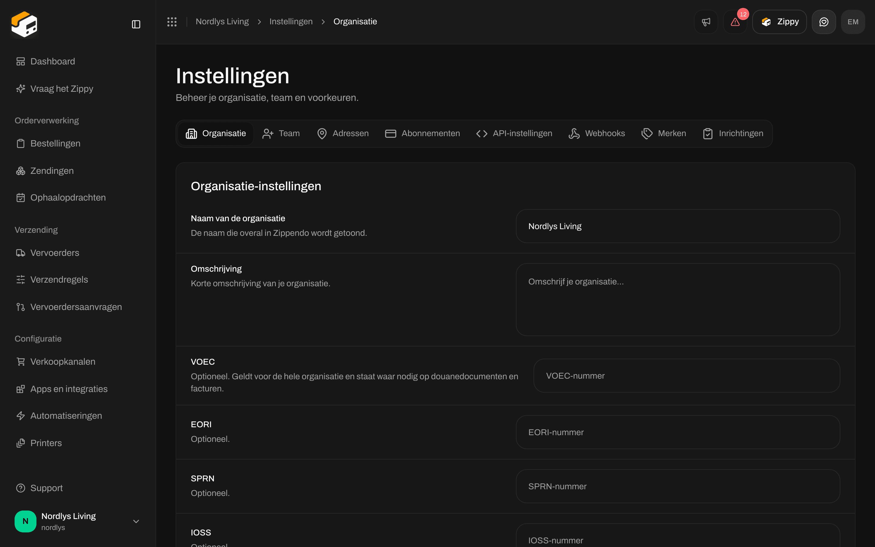 Organisatie-instellingen voor een voorbeeldorganisatie met de optionele velden VOEC, EORI, SPRN en IOSS