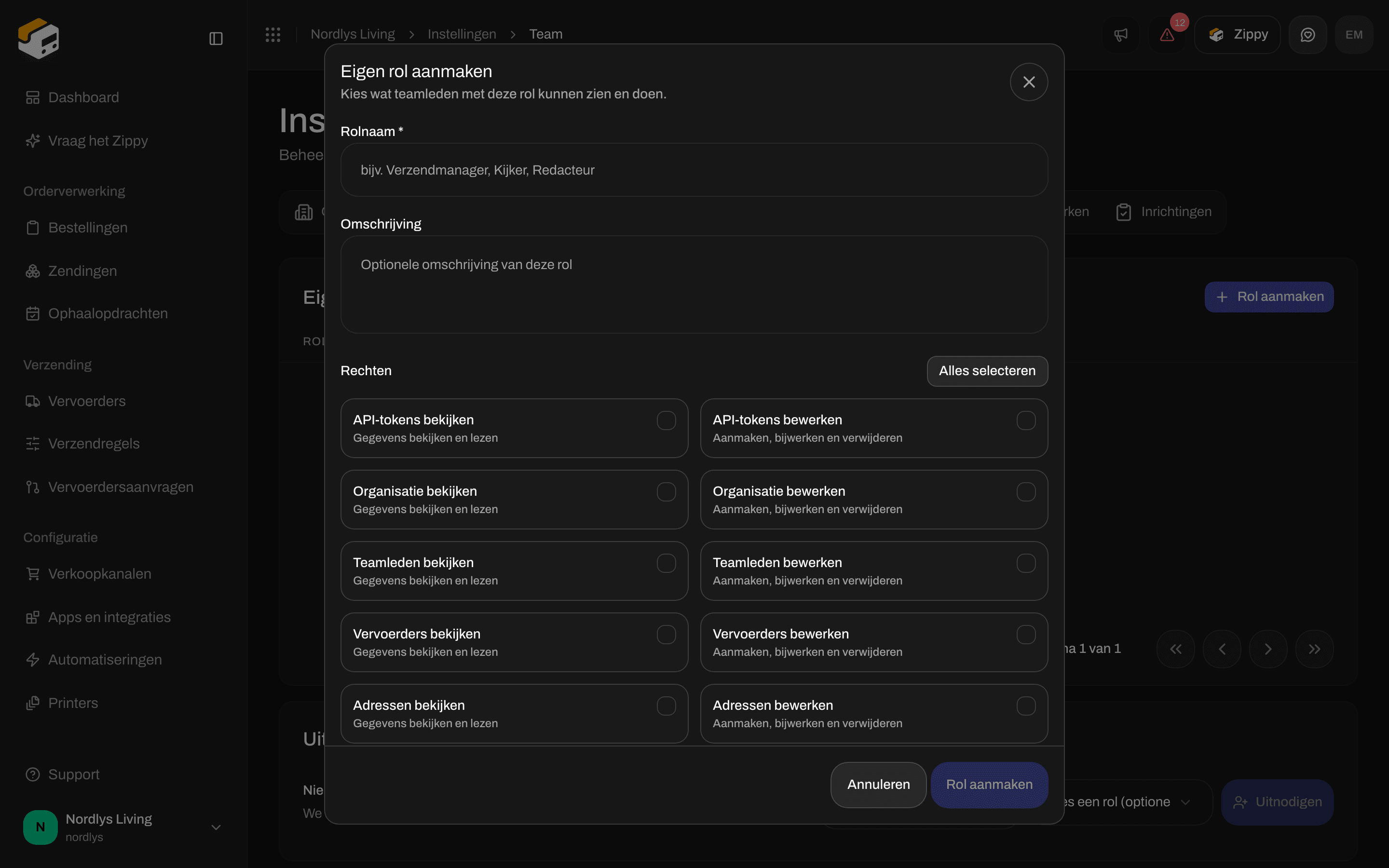 Venster Eigen rol aanmaken met Rolnaam, Omschrijving en selectievakjes voor rechten