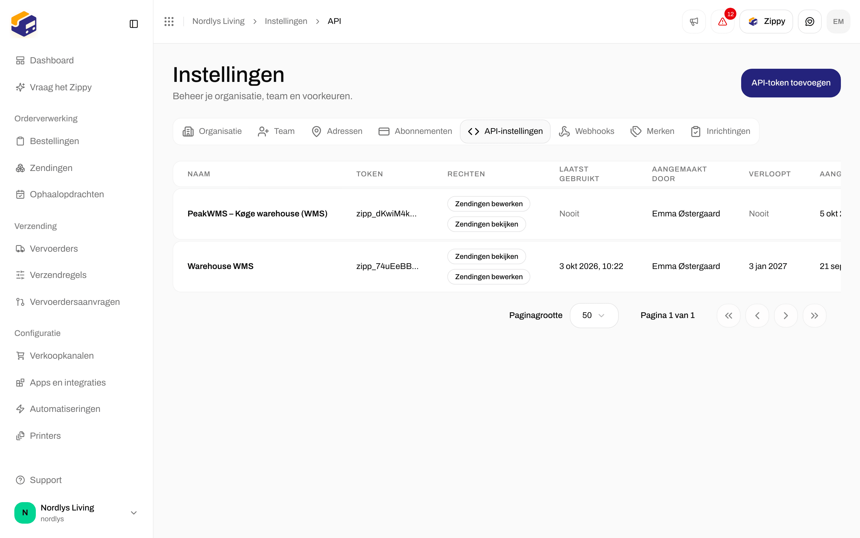 Lege staat van API-tokens met Eerste token aanmaken en API-token toevoegen