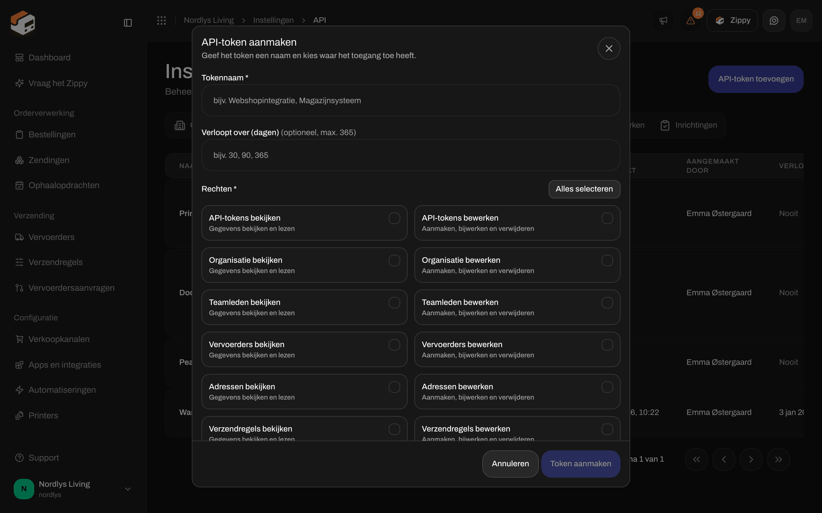 Venster API-token aanmaken met Tokennaam, Verloopt over (dagen) en selectievakjes voor rechten