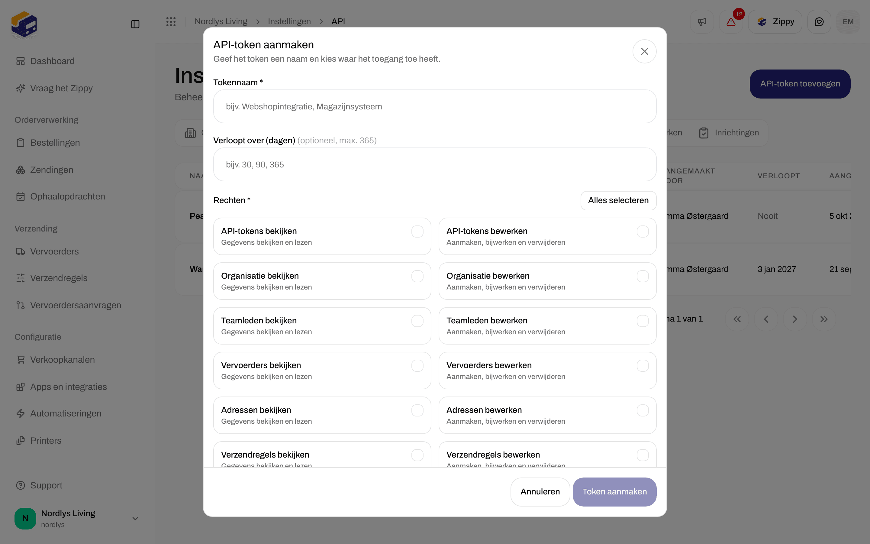 Venster API-token aanmaken met Tokennaam, Verloopt over (dagen) en selectievakjes voor rechten