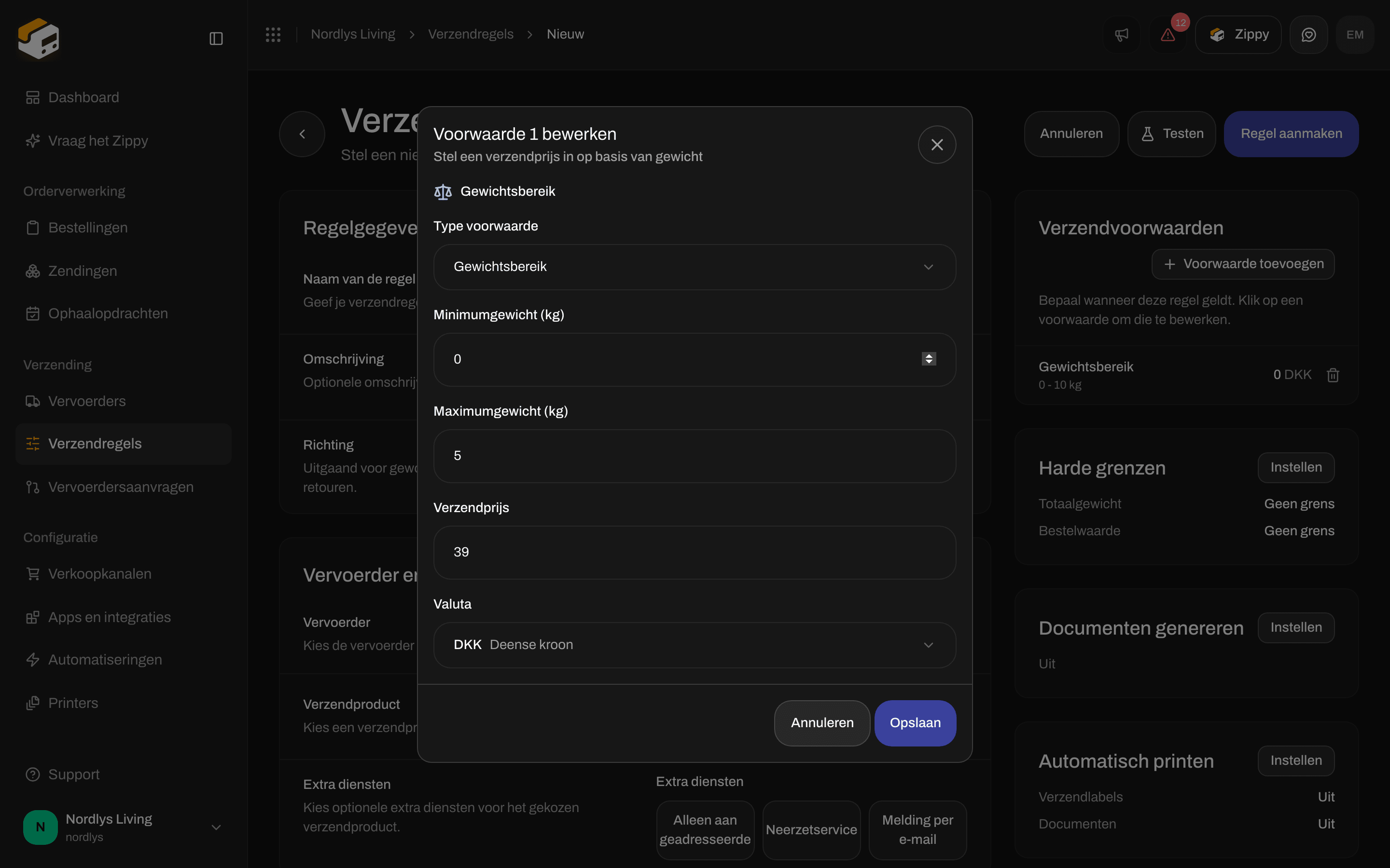 Venster Voorwaarde bewerken ingesteld op Gewichtsbereik, 0 tot 5 kg, verzendprijs 39 DKK