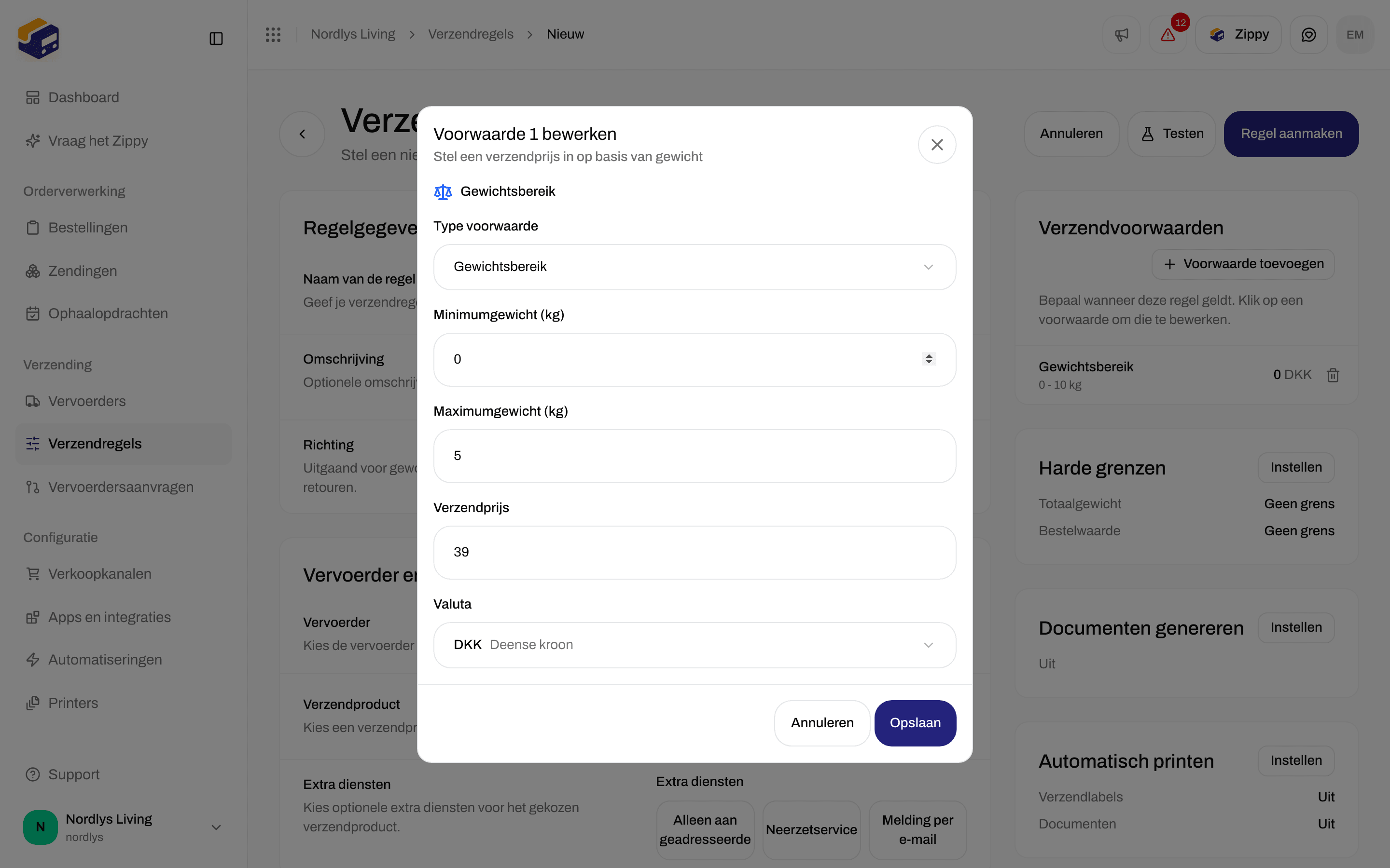 Venster Voorwaarde bewerken ingesteld op Gewichtsbereik, 0 tot 5 kg, verzendprijs 39 DKK