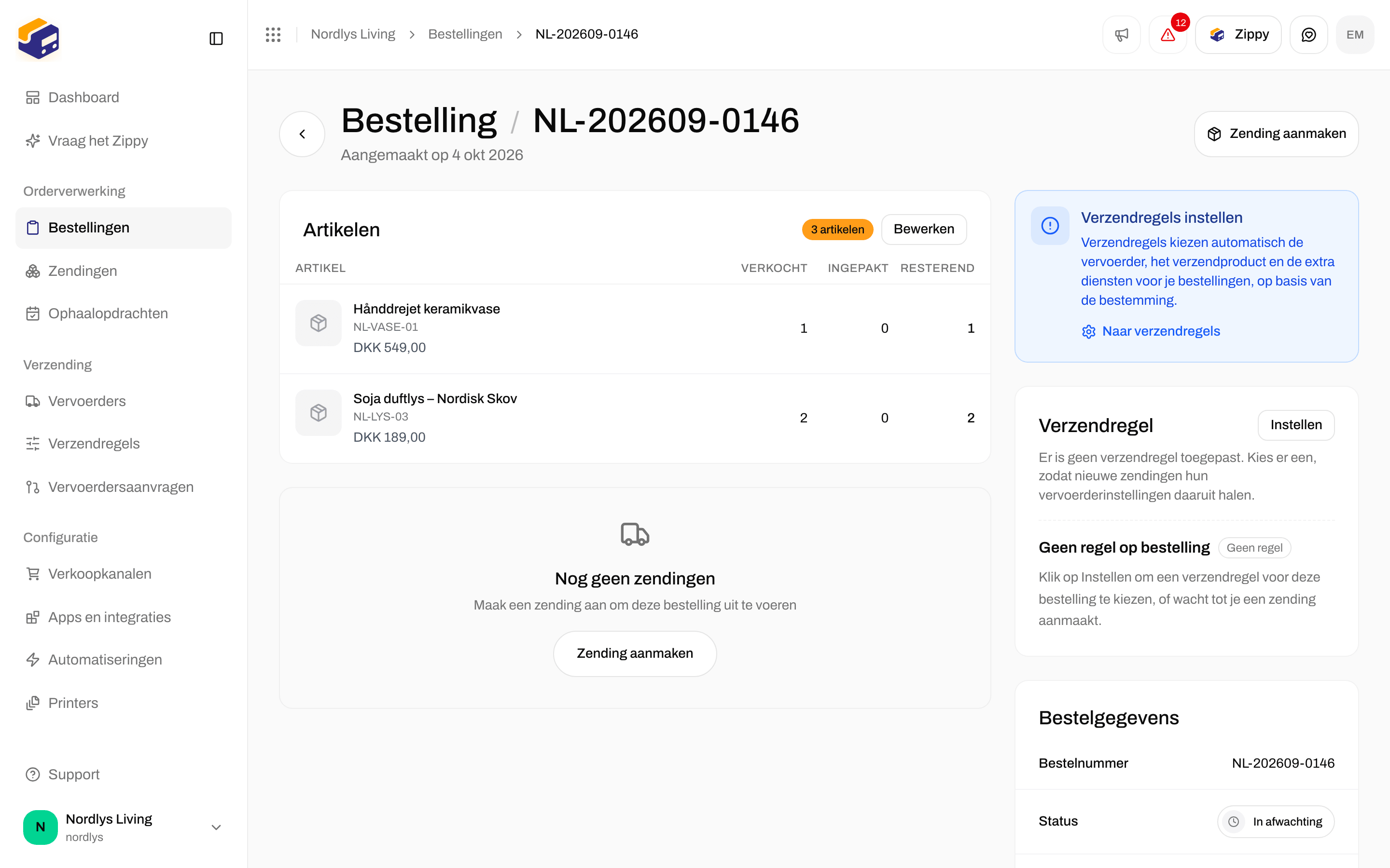 Bestelling met een vak Verzendregels instellen en een onderdeel Verzendregel dat geen regel op de bestelling toont
