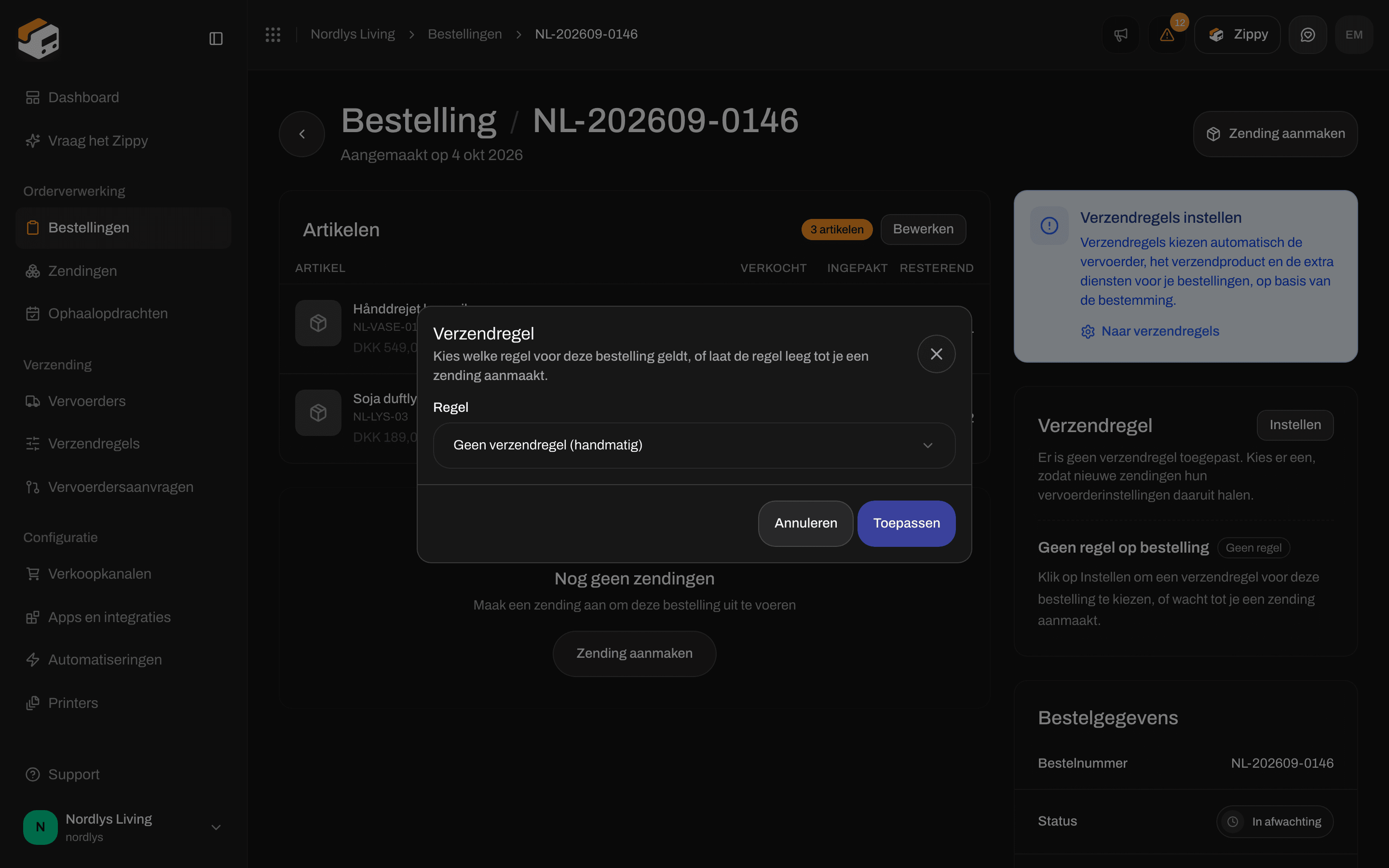 Venster Verzendregel bij een bestelling met de lijst met regels op Geen verzendregel (handmatig)