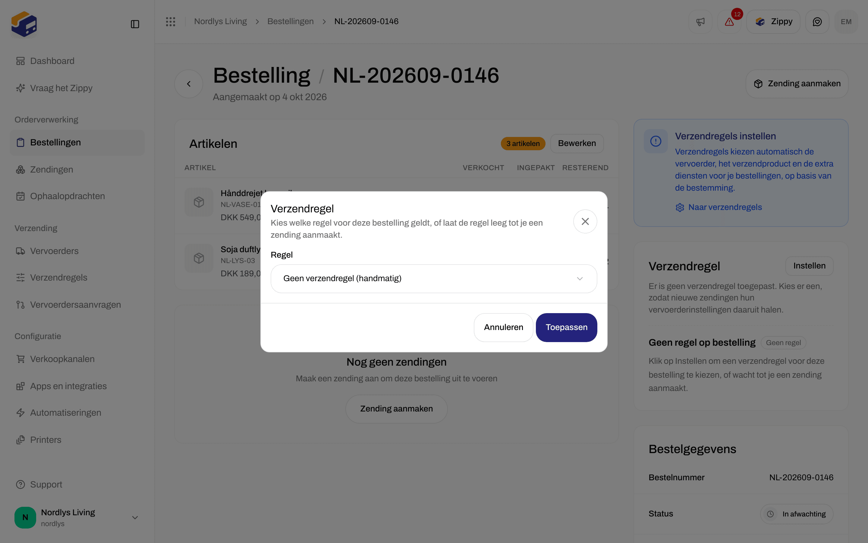 Venster Verzendregel bij een bestelling met de lijst met regels op Geen verzendregel (handmatig)