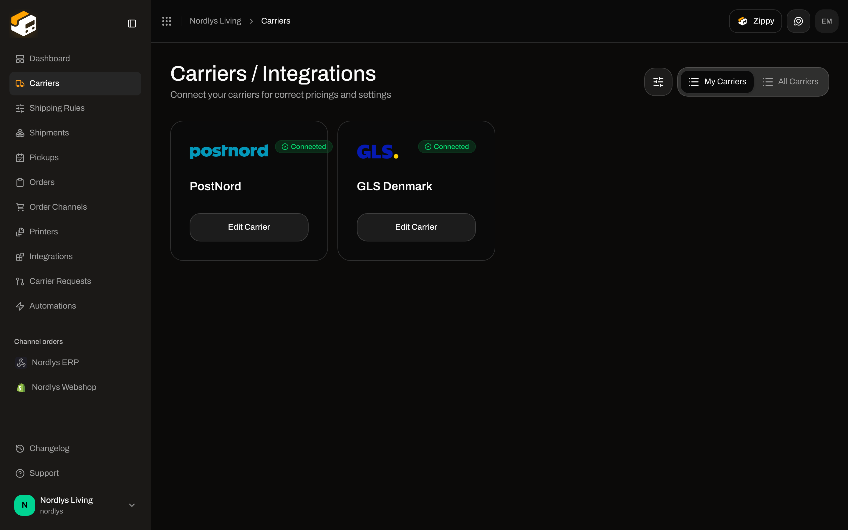 Carriers / Integrations on My Carriers with PostNord and GLS Denmark cards, each with a Connected badge and Edit Carrier