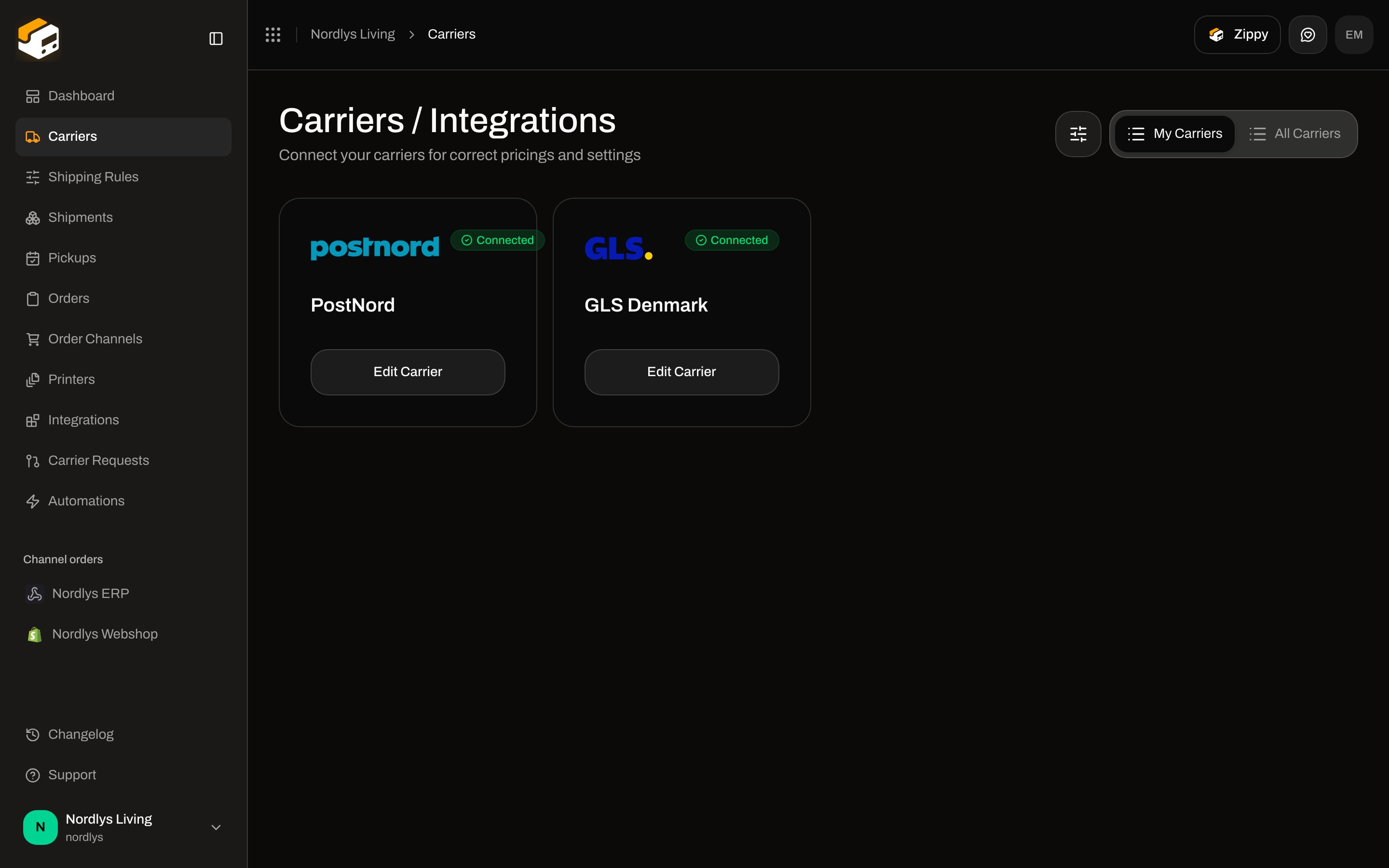 Carriers / Integrations on My Carriers with PostNord and GLS Denmark cards, each with a Connected badge and Edit Carrier