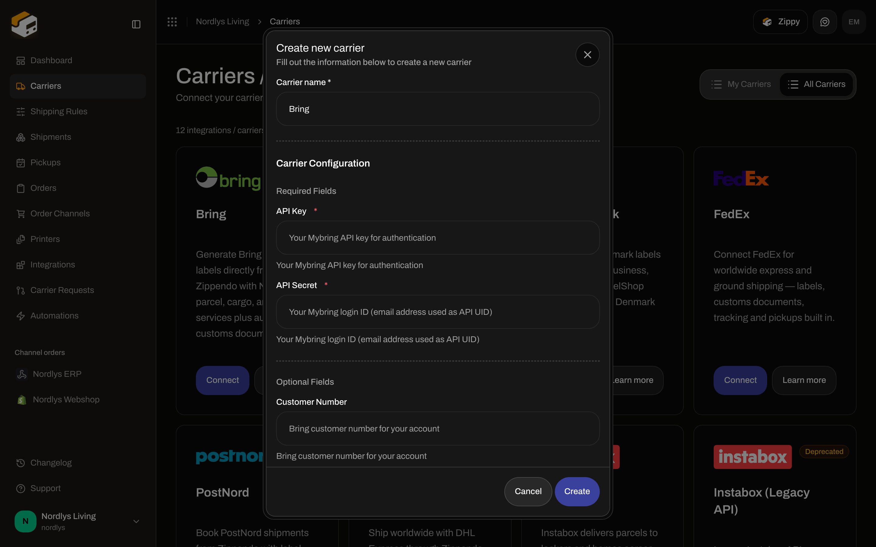 Create new carrier dialog with Carrier name Bring and Carrier Configuration fields for API Key and API Secret