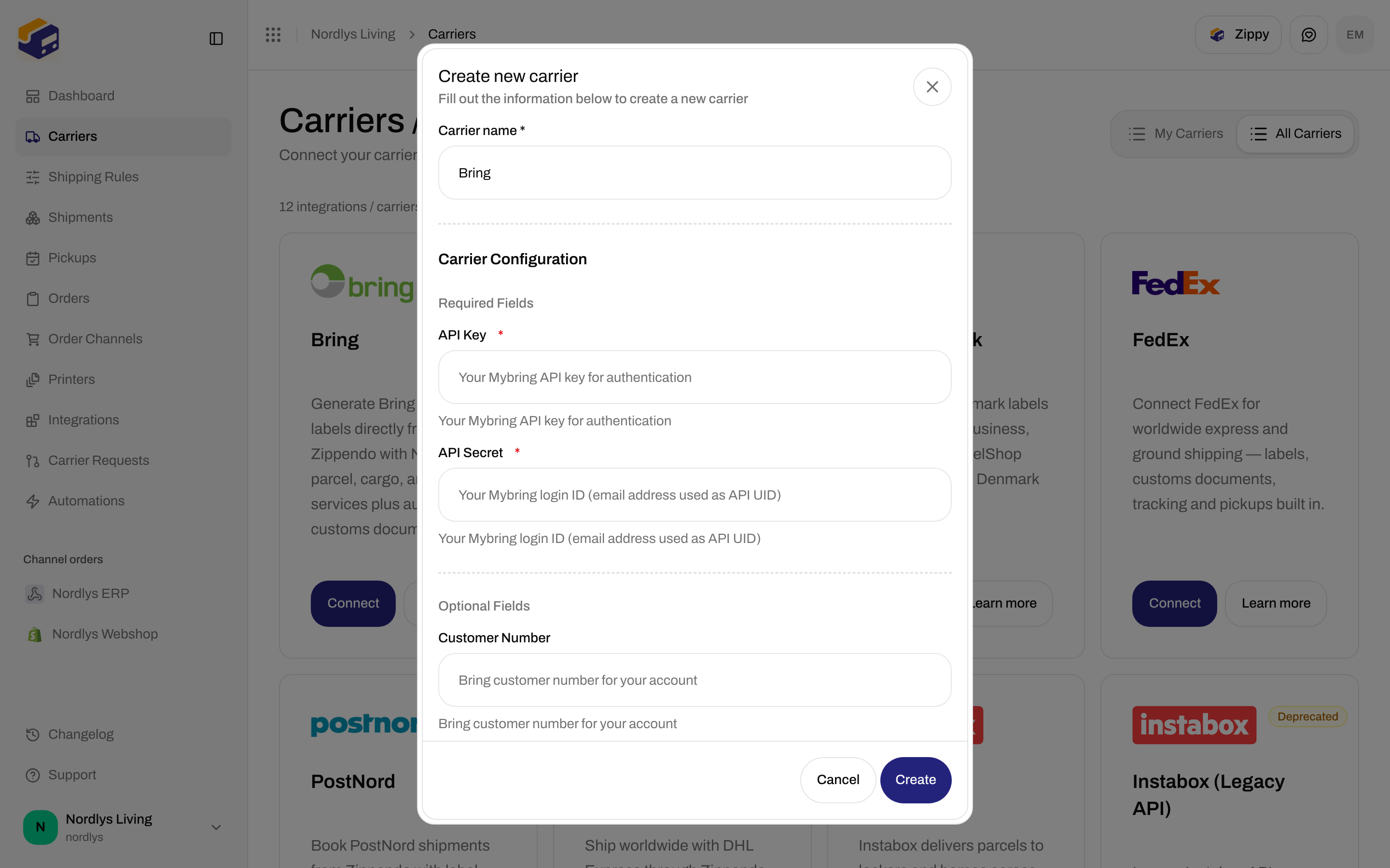 Create new carrier dialog with Carrier name Bring and Carrier Configuration fields for API Key and API Secret