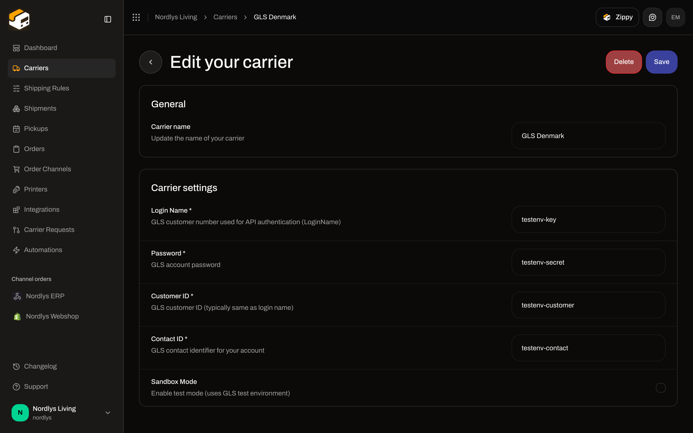 Edit your carrier for GLS Denmark with Login Name, Password, Customer ID, Contact ID, and Sandbox Mode