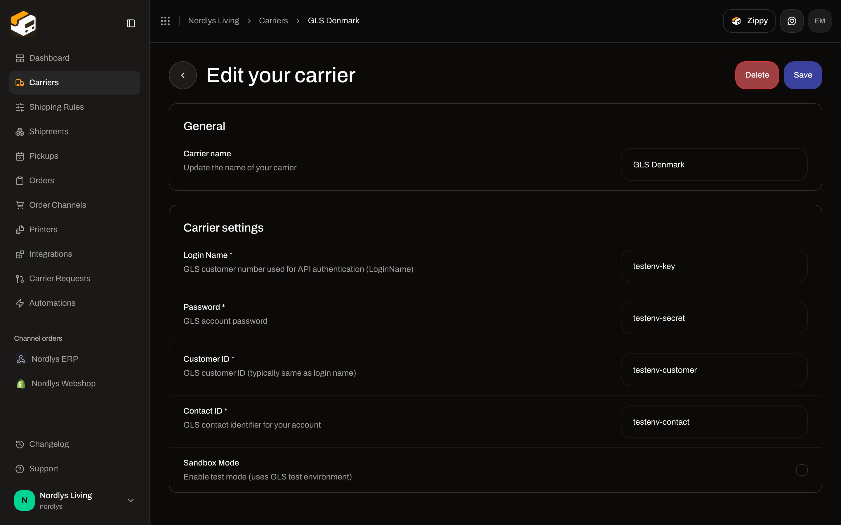 Edit your carrier for GLS Denmark with Login Name, Password, Customer ID, Contact ID, and Sandbox Mode