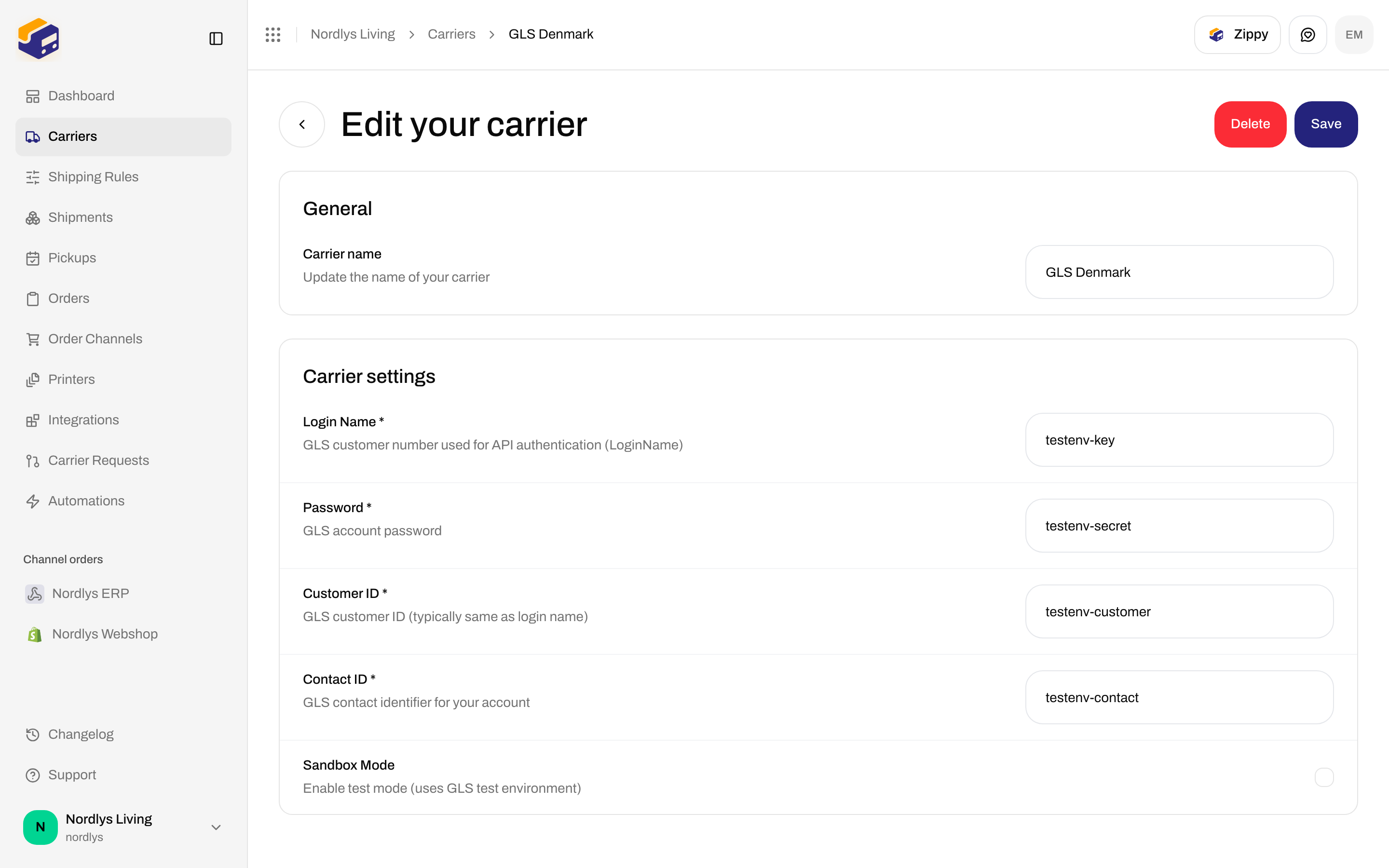 Edit your carrier for GLS Denmark with Login Name, Password, Customer ID, Contact ID, and Sandbox Mode