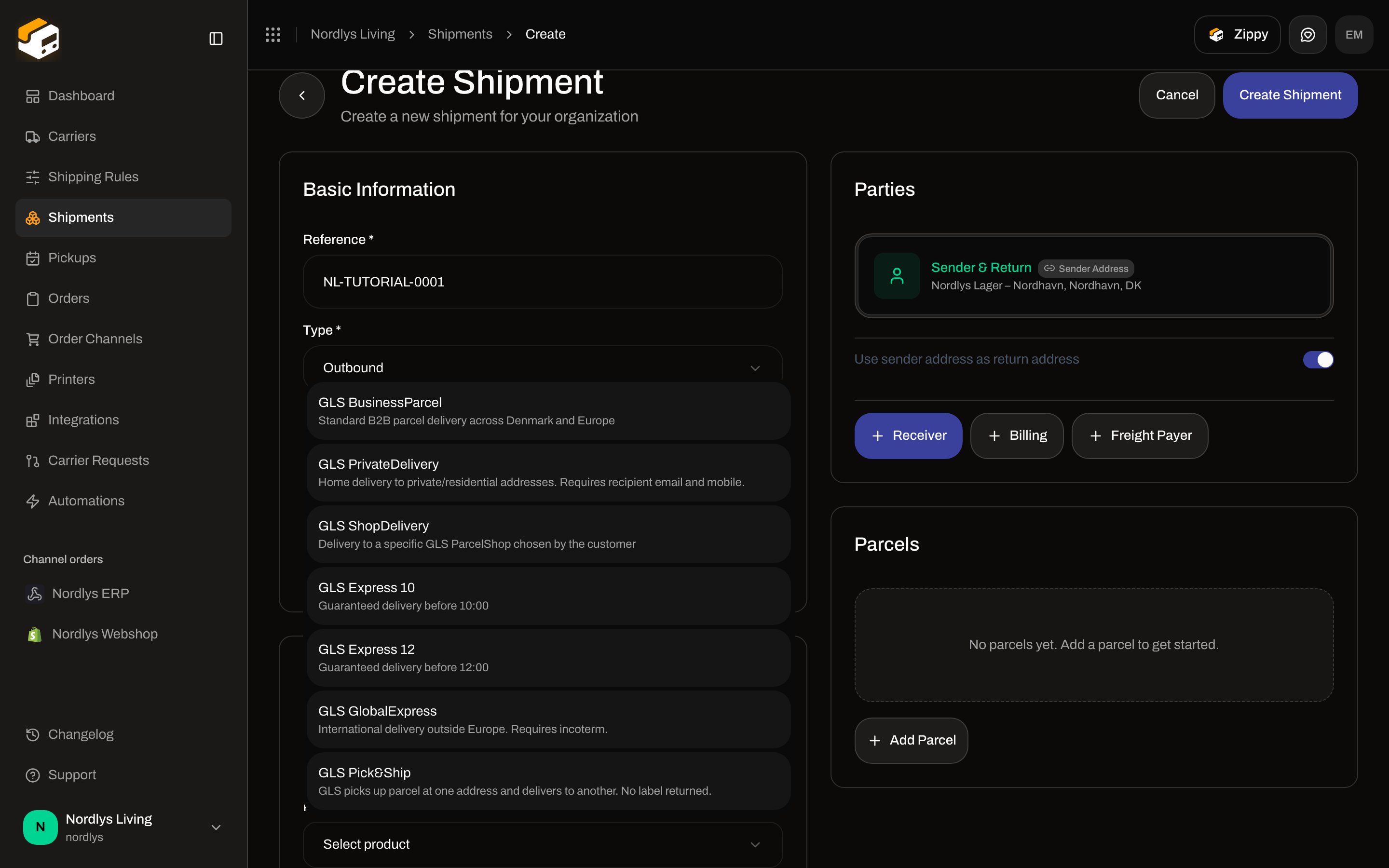 Create Shipment with the GLS Denmark product list open