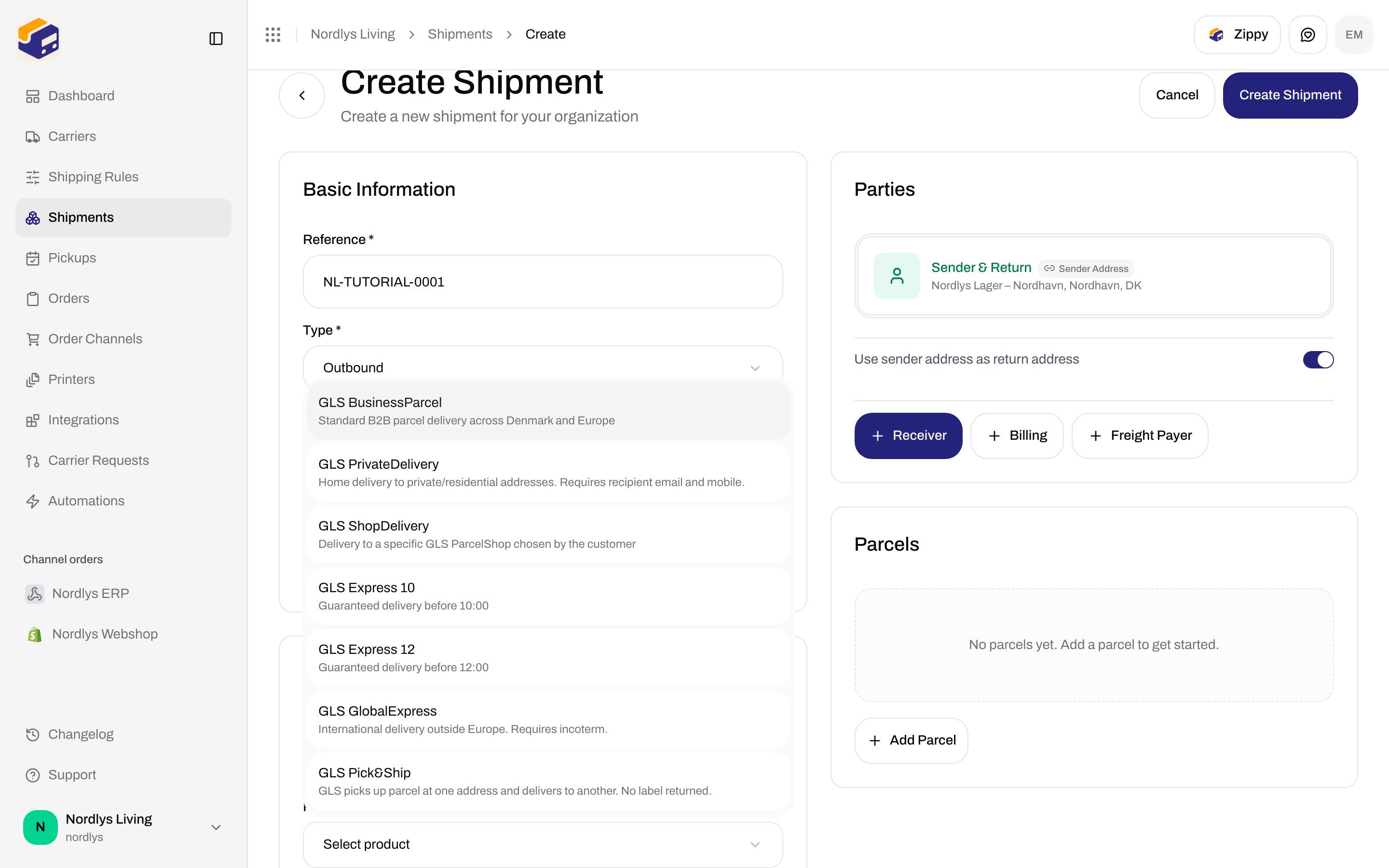 Create Shipment with the GLS Denmark product list open