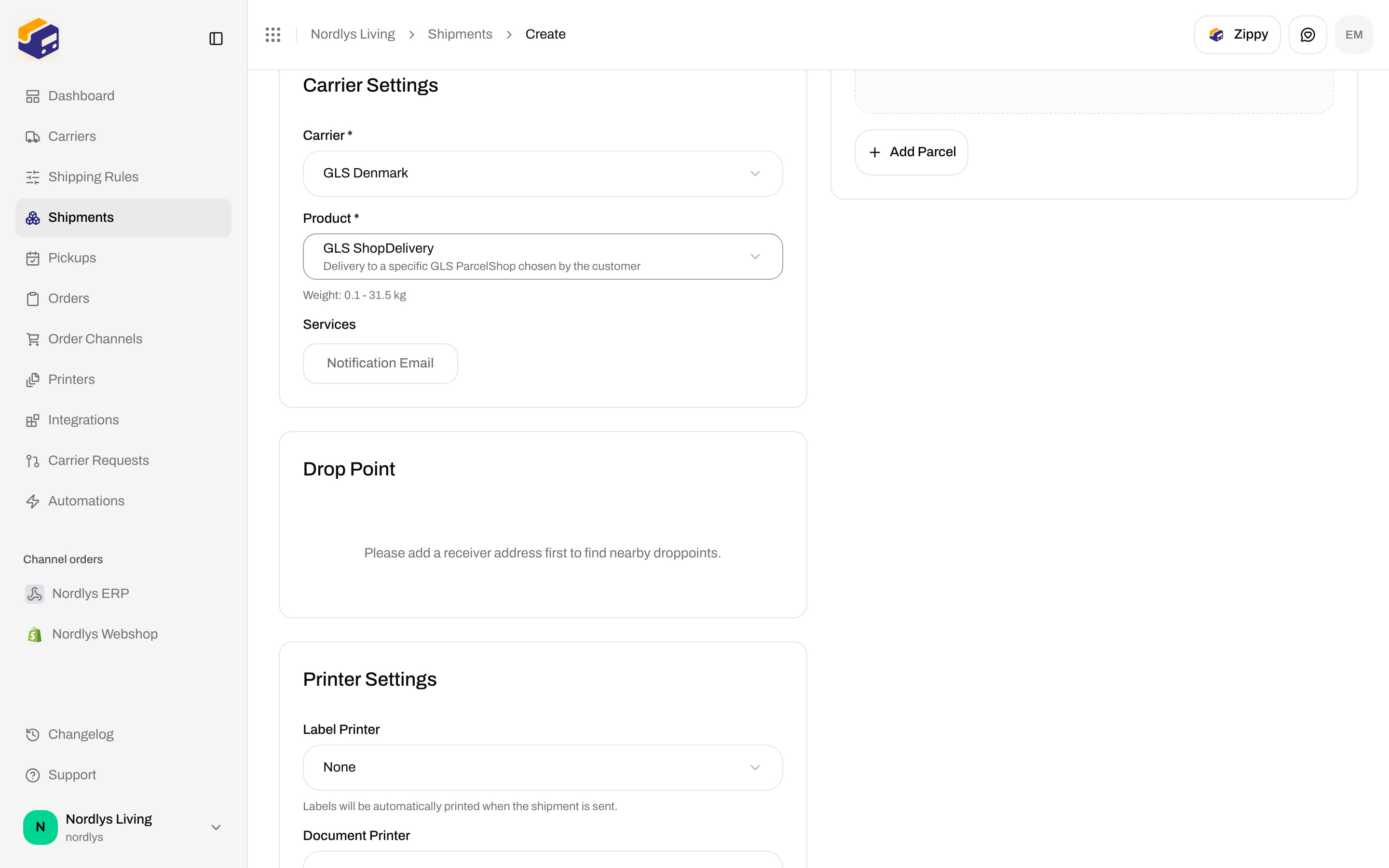 Create Shipment with GLS ShopDelivery, Notification Email, and a Drop Point card asking for a receiver address