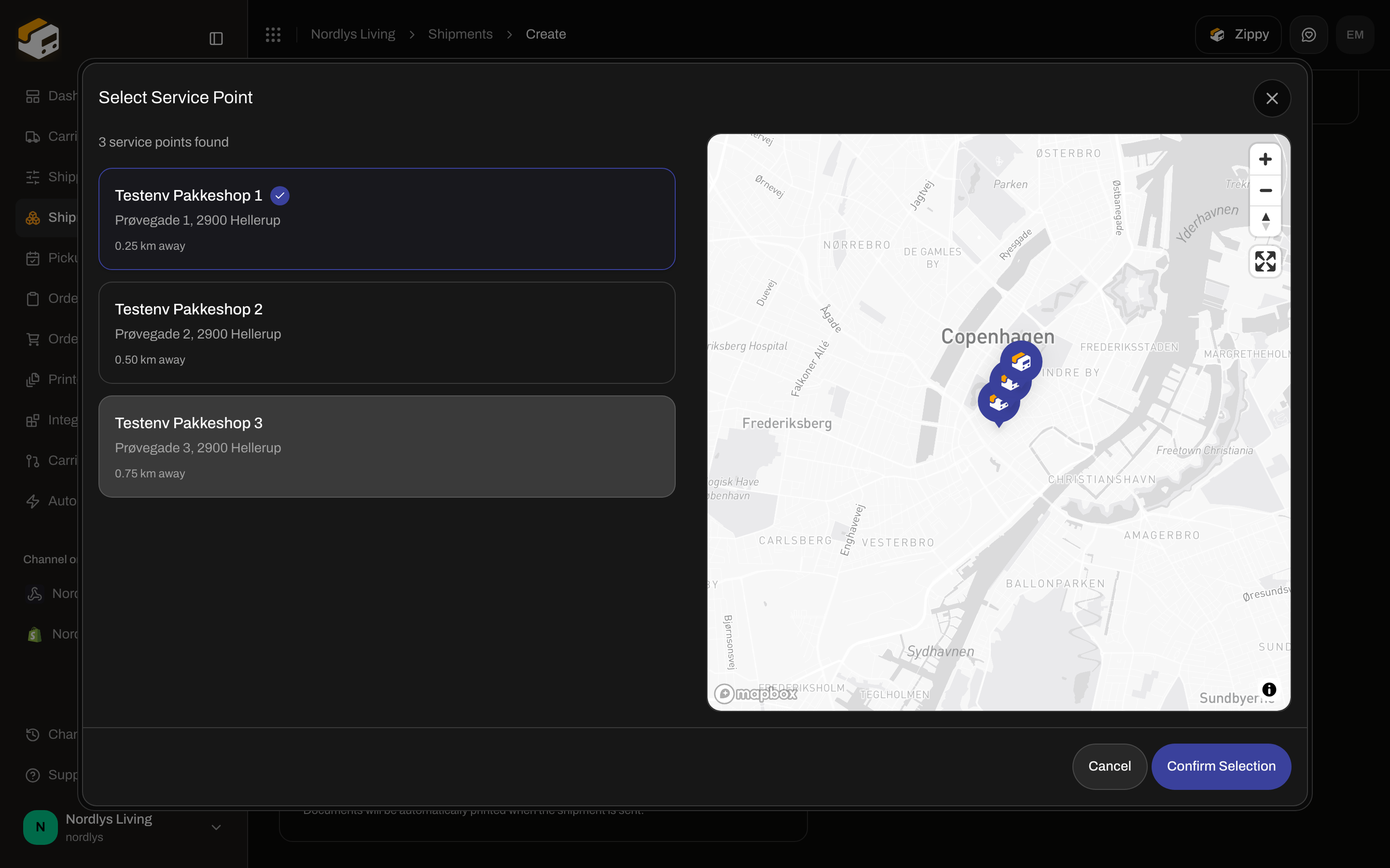Select Service Point dialog with three shops and a map of Copenhagen