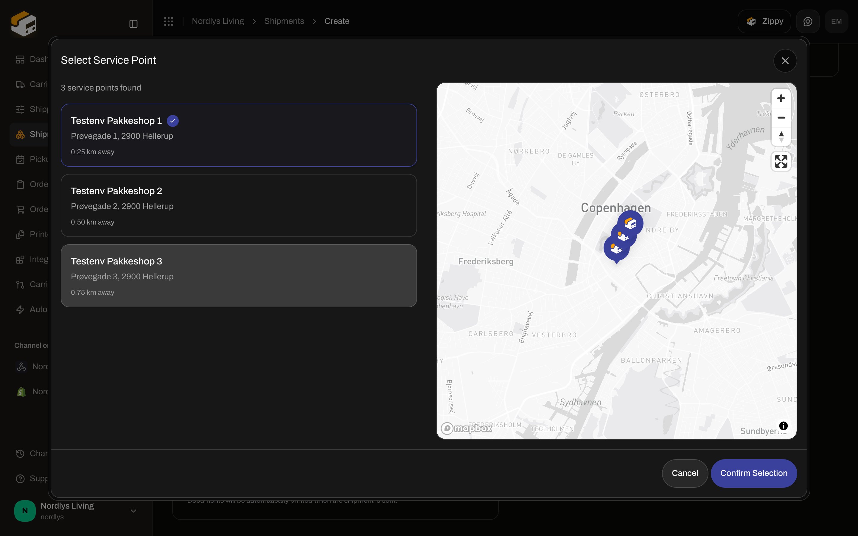 Select Service Point dialog with three shops and a map of Copenhagen