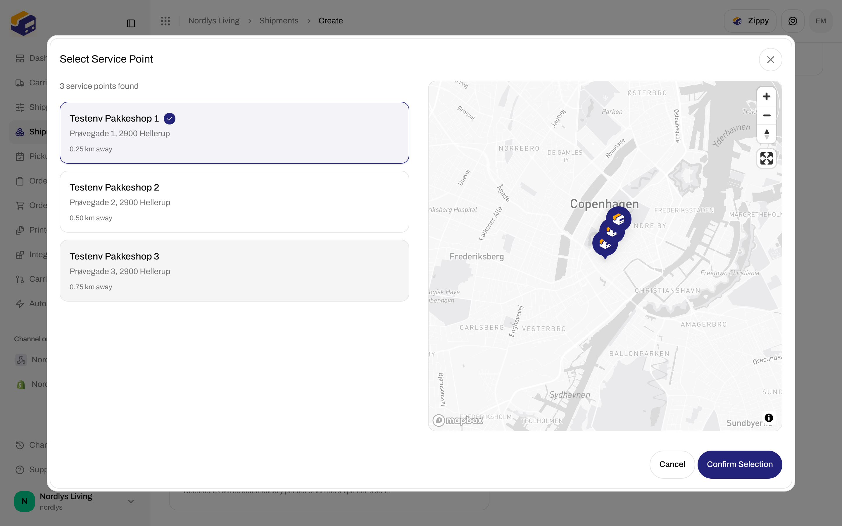 Select Service Point dialog with three shops and a map of Copenhagen