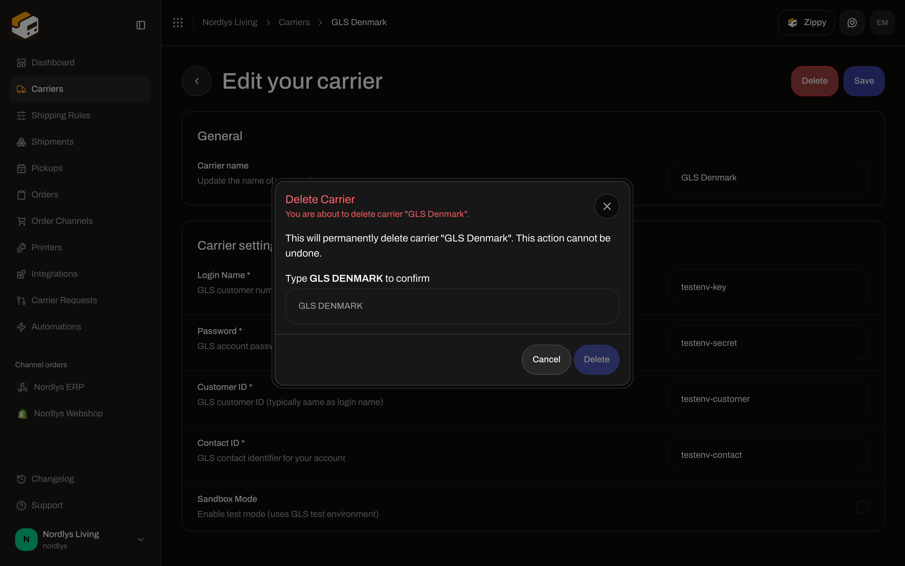Delete Carrier dialog for GLS Denmark with the name typed in uppercase to confirm