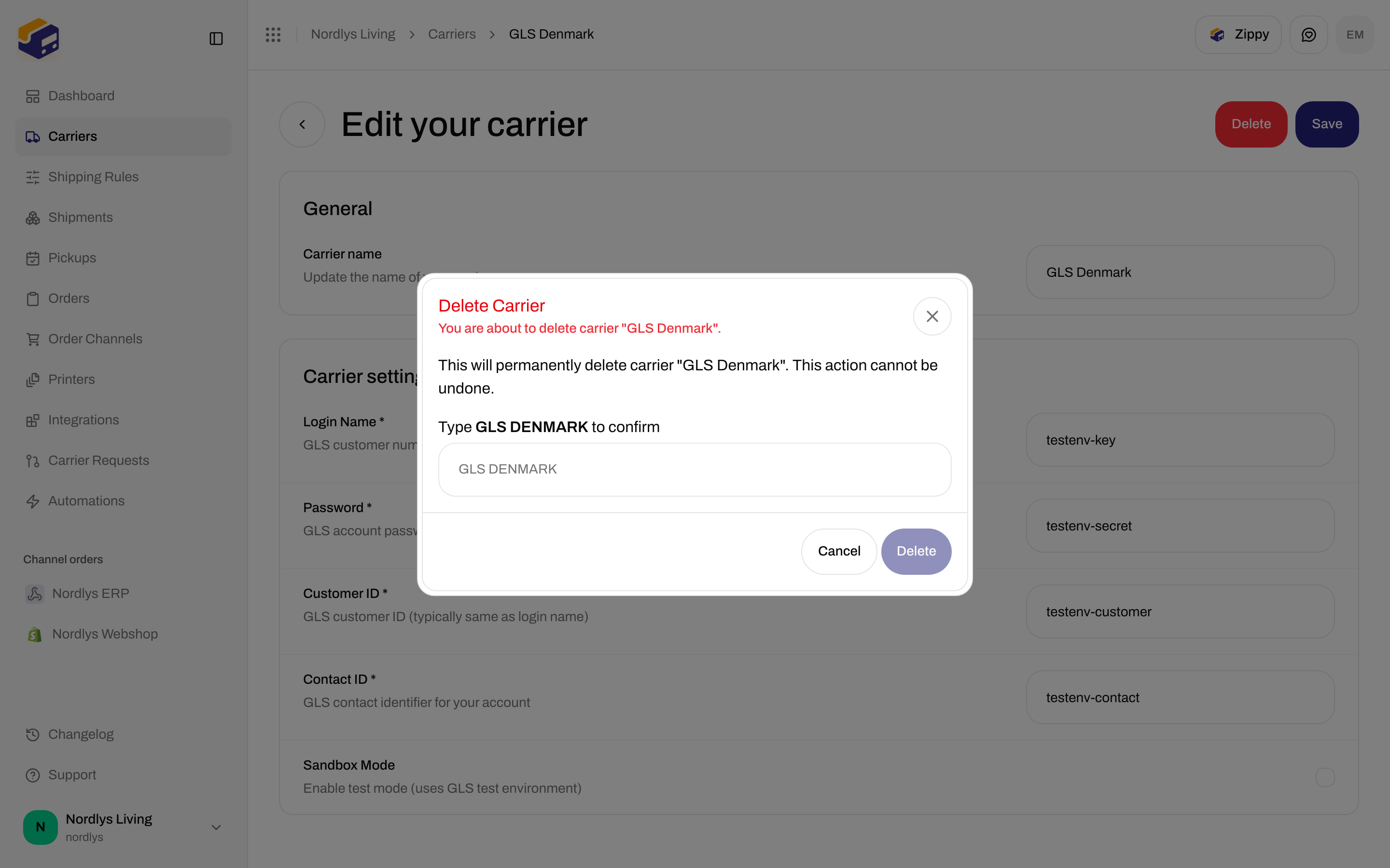 Delete Carrier dialog for GLS Denmark with the name typed in uppercase to confirm