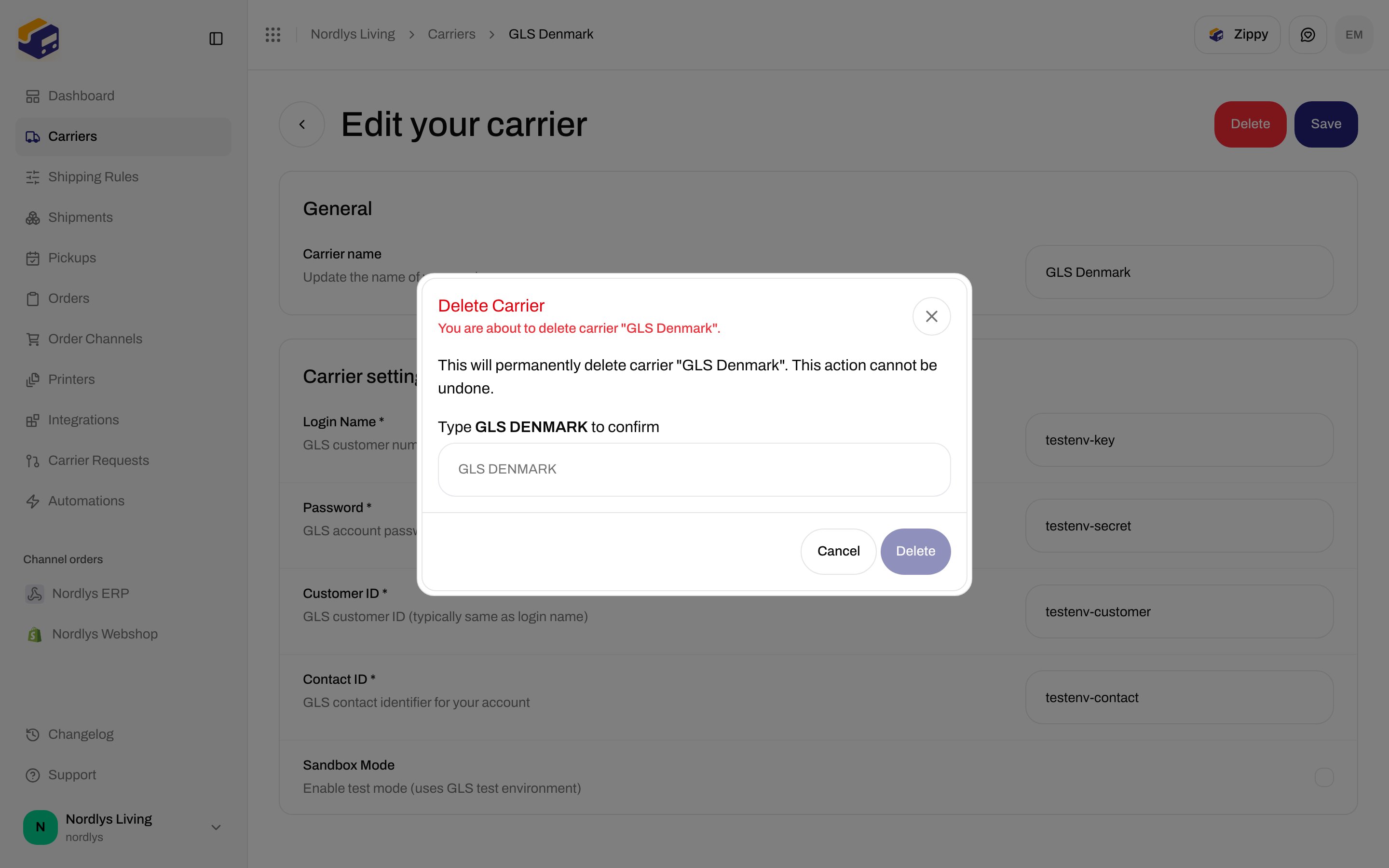 Delete Carrier dialog for GLS Denmark with the name typed in uppercase to confirm