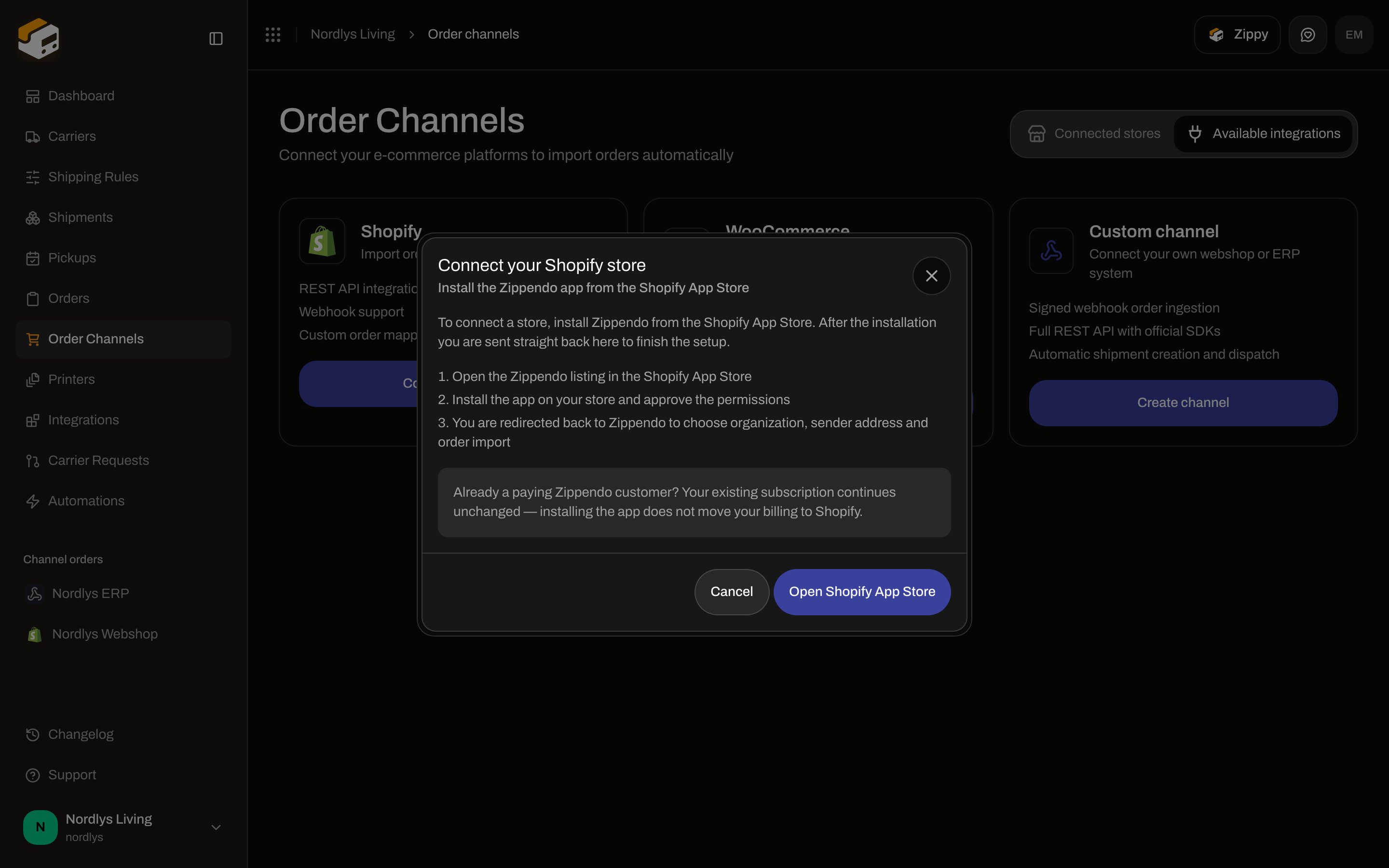 Connect your Shopify store modal with Open Shopify App Store
