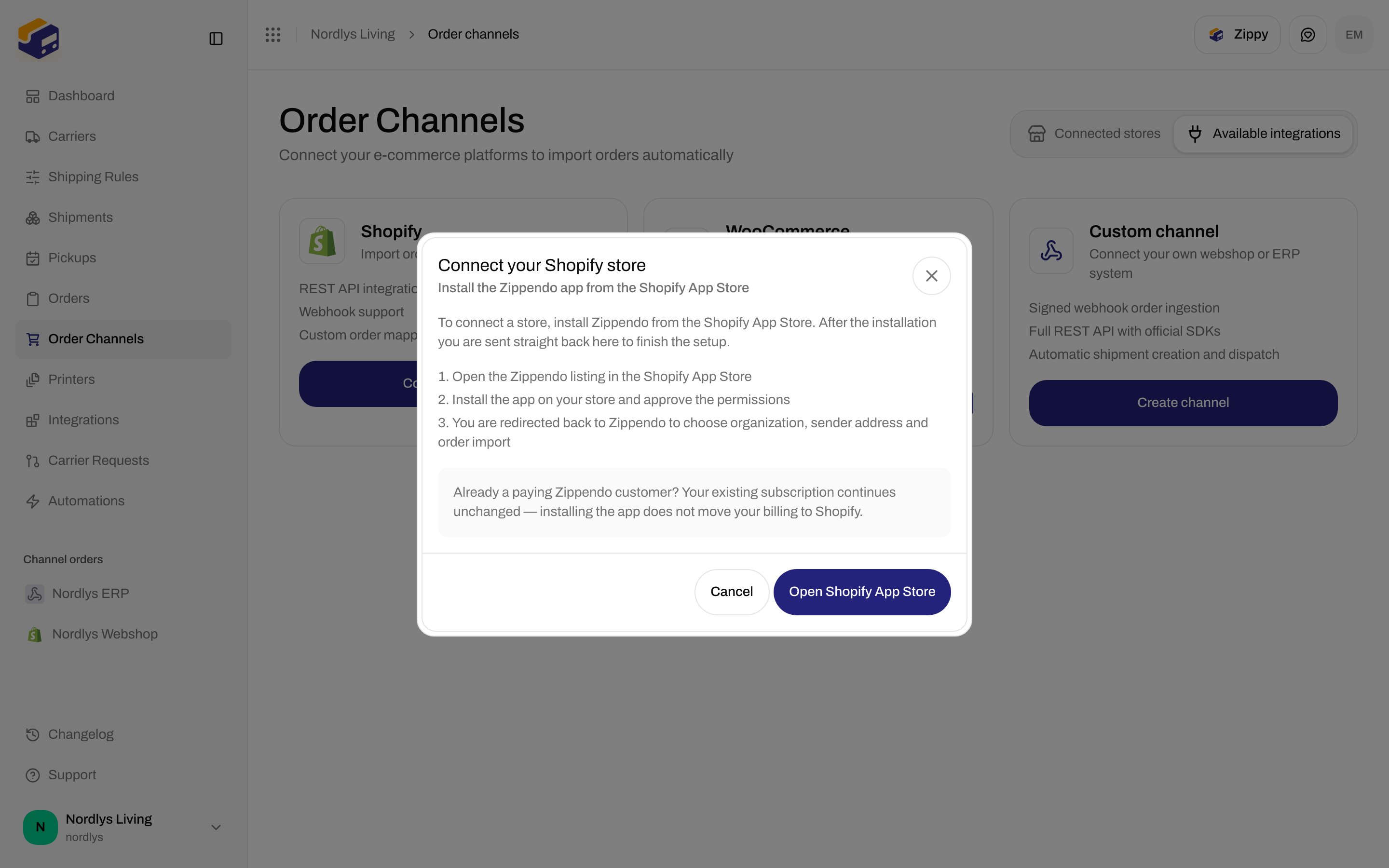 Connect your Shopify store modal with Open Shopify App Store