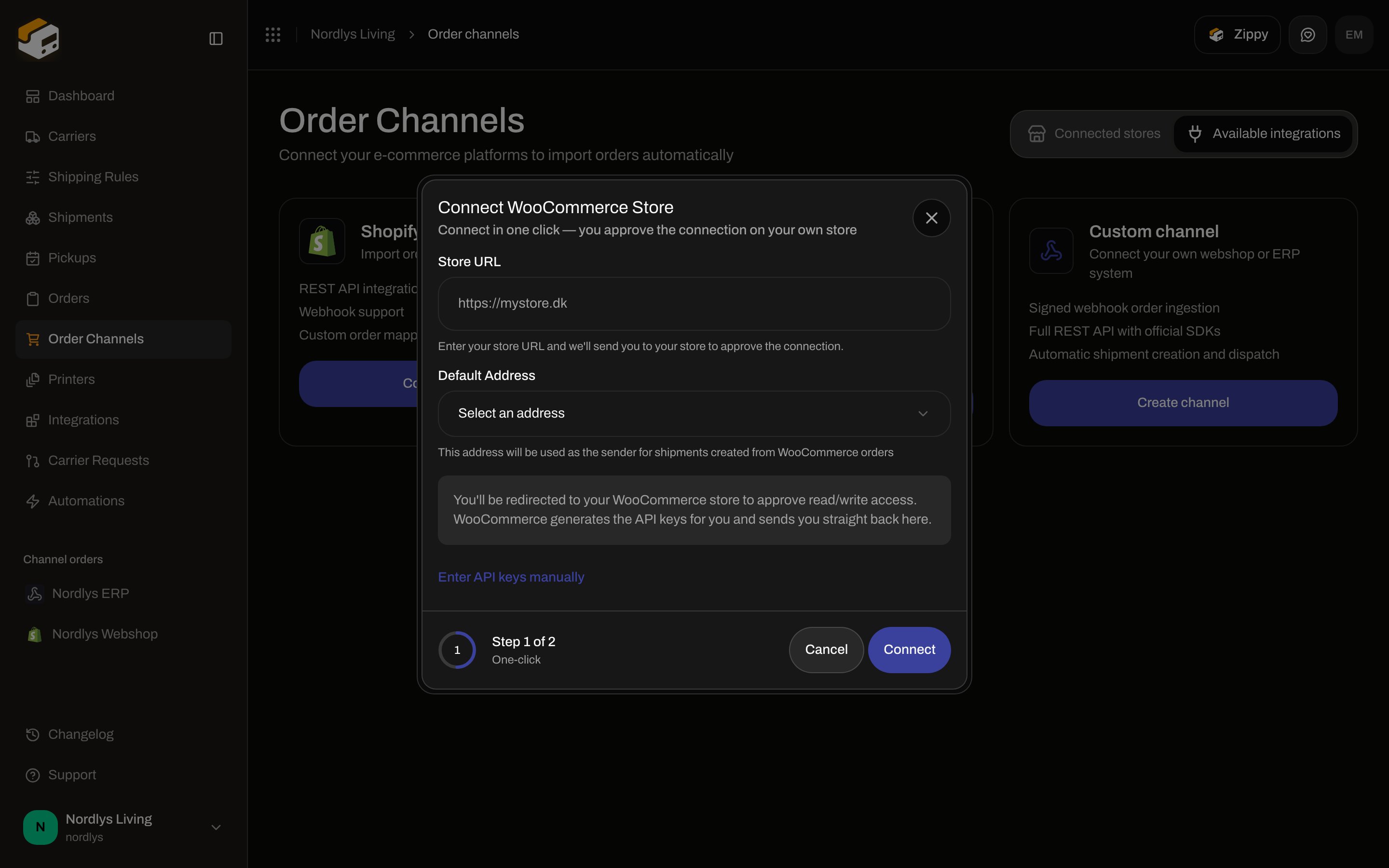 Connect WooCommerce Store modal with Store URL, Default Address, and Connect