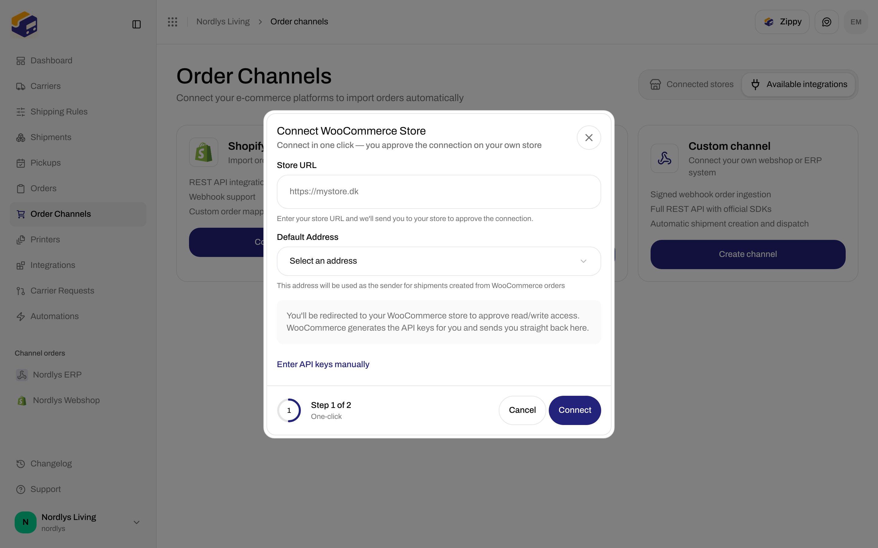 Connect WooCommerce Store modal with Store URL, Default Address, and Connect