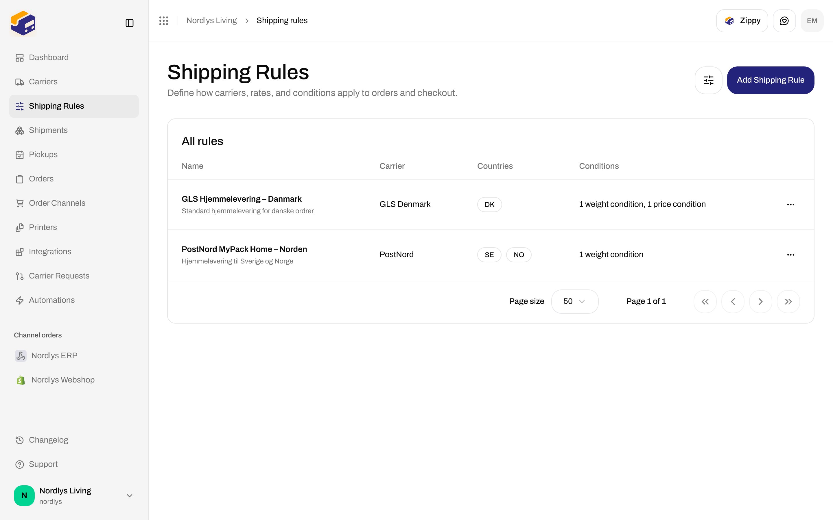 Shipping Rules list with GLS Hjemmelevering – Danmark and PostNord MyPack Home – Norden