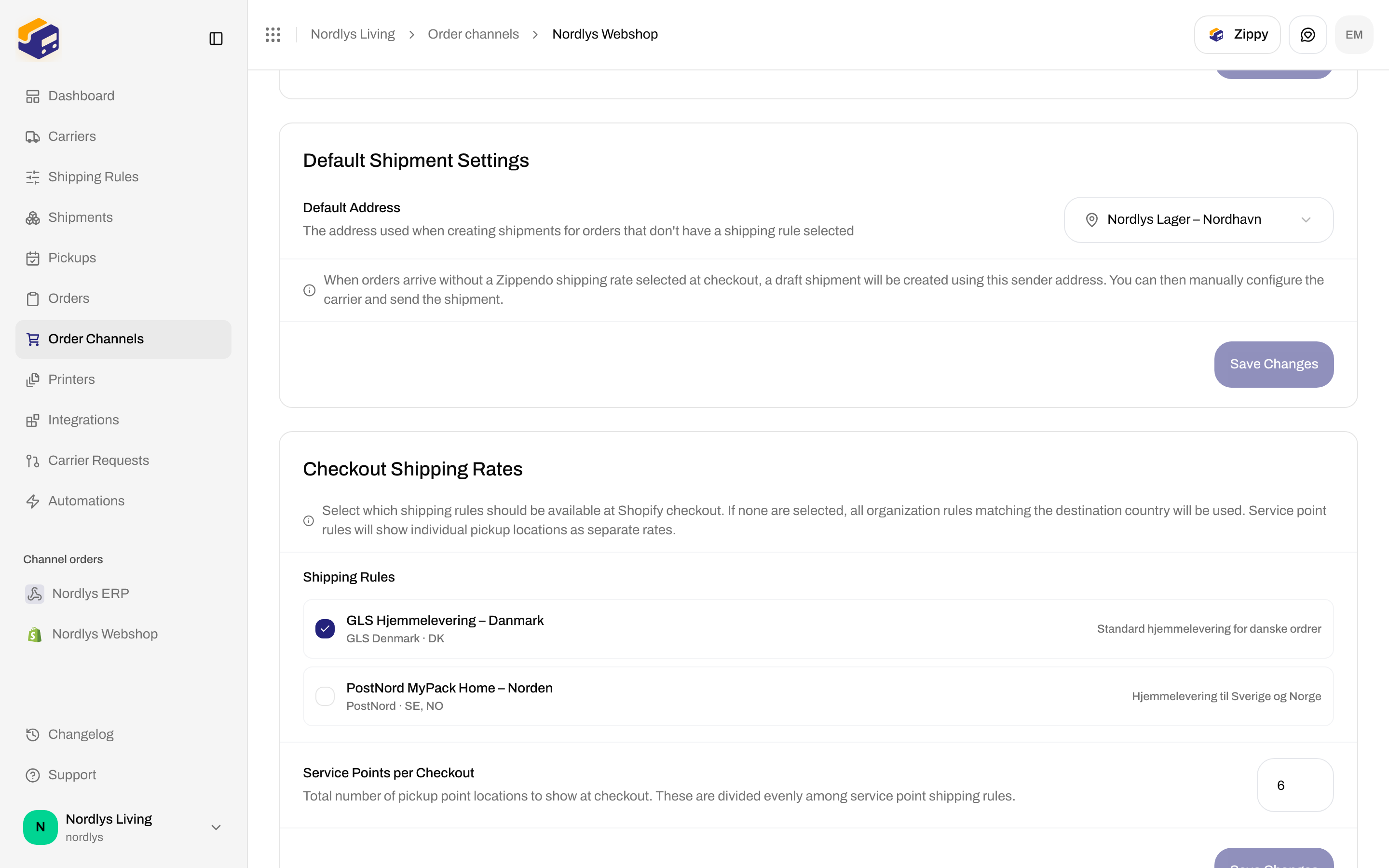 Checkout Shipping Rates with GLS Hjemmelevering – Danmark selected and PostNord MyPack Home – Norden unselected