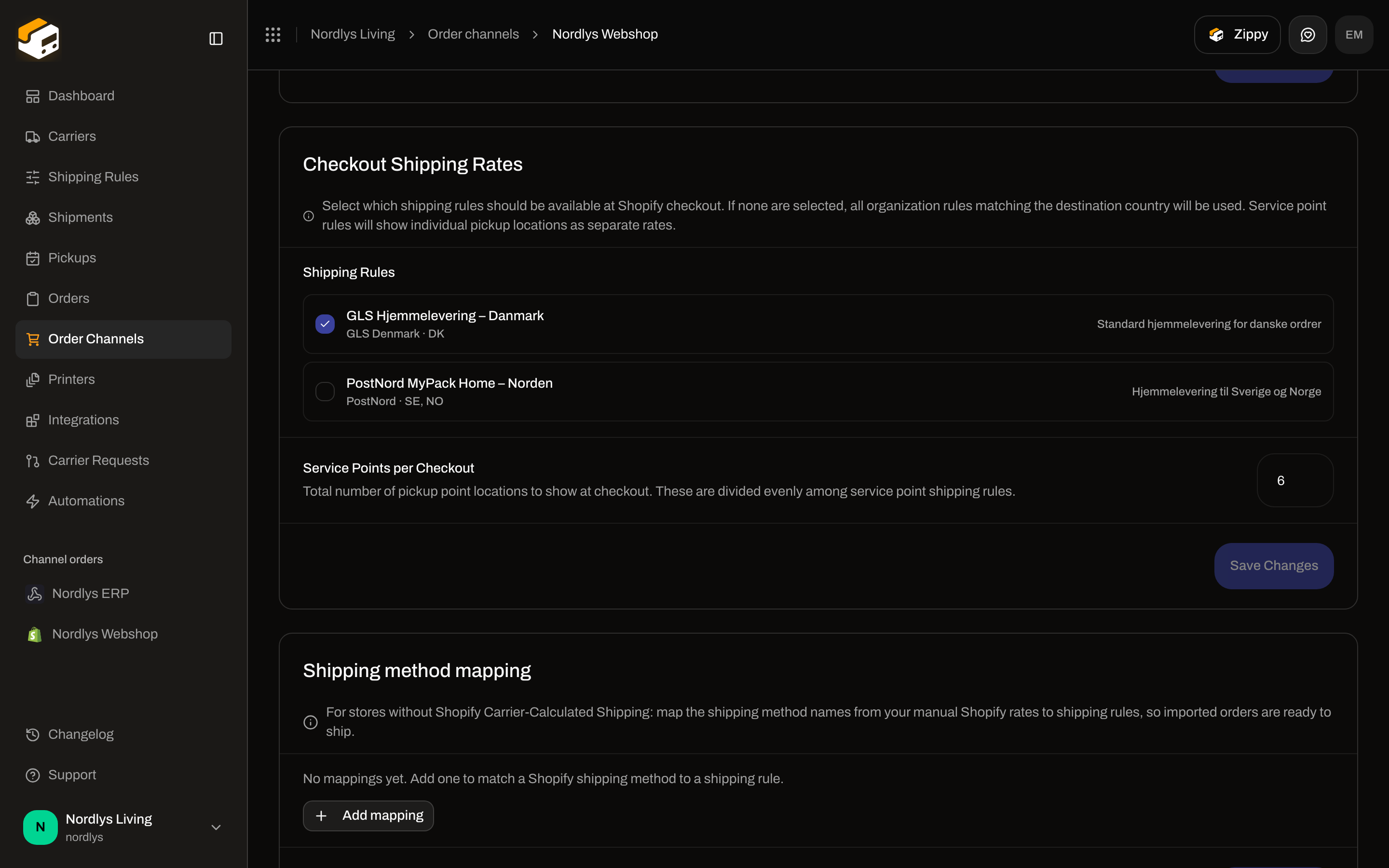Service Points per Checkout set to 6, with Shipping method mapping empty below