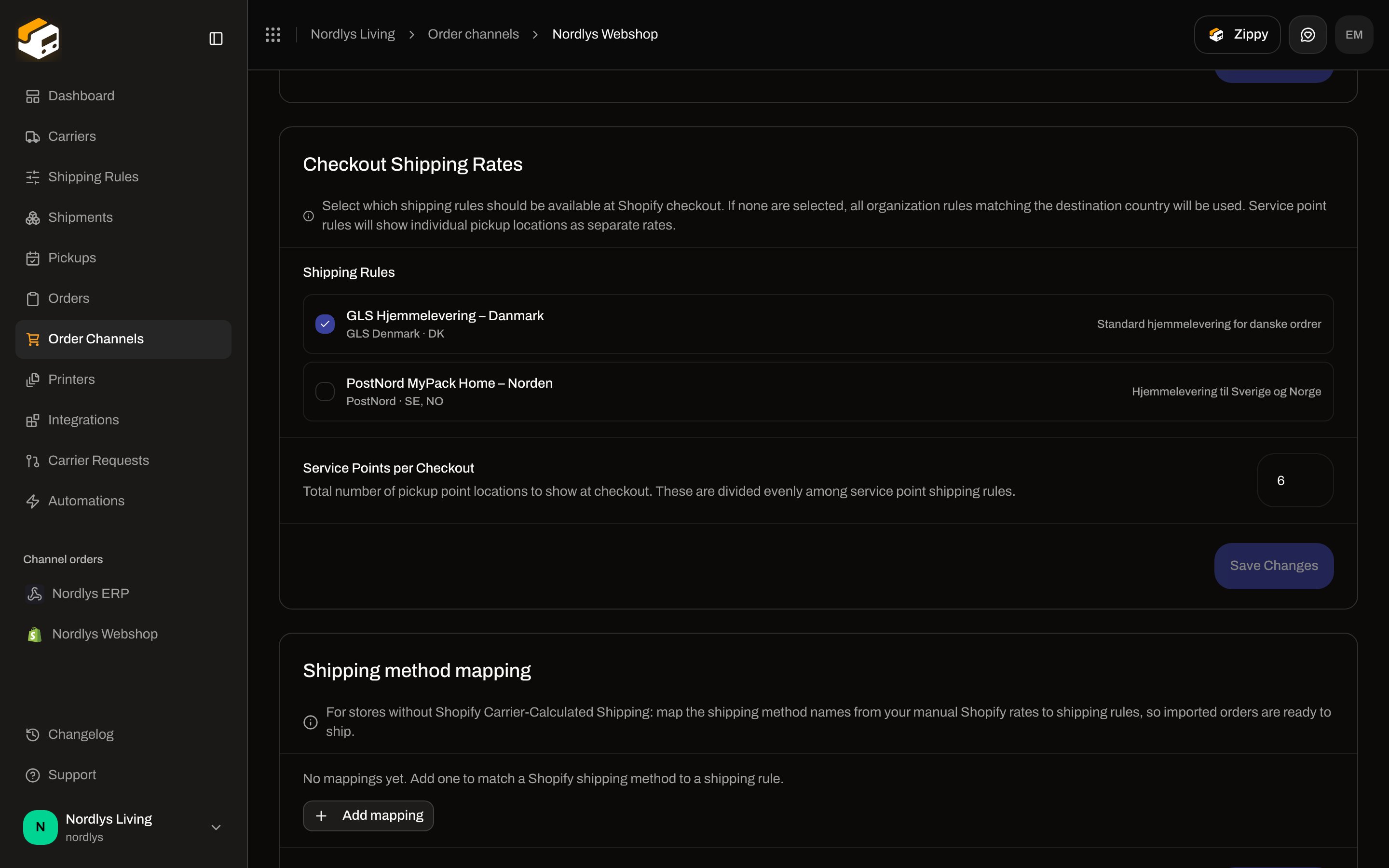 Service Points per Checkout set to 6, with Shipping method mapping empty below