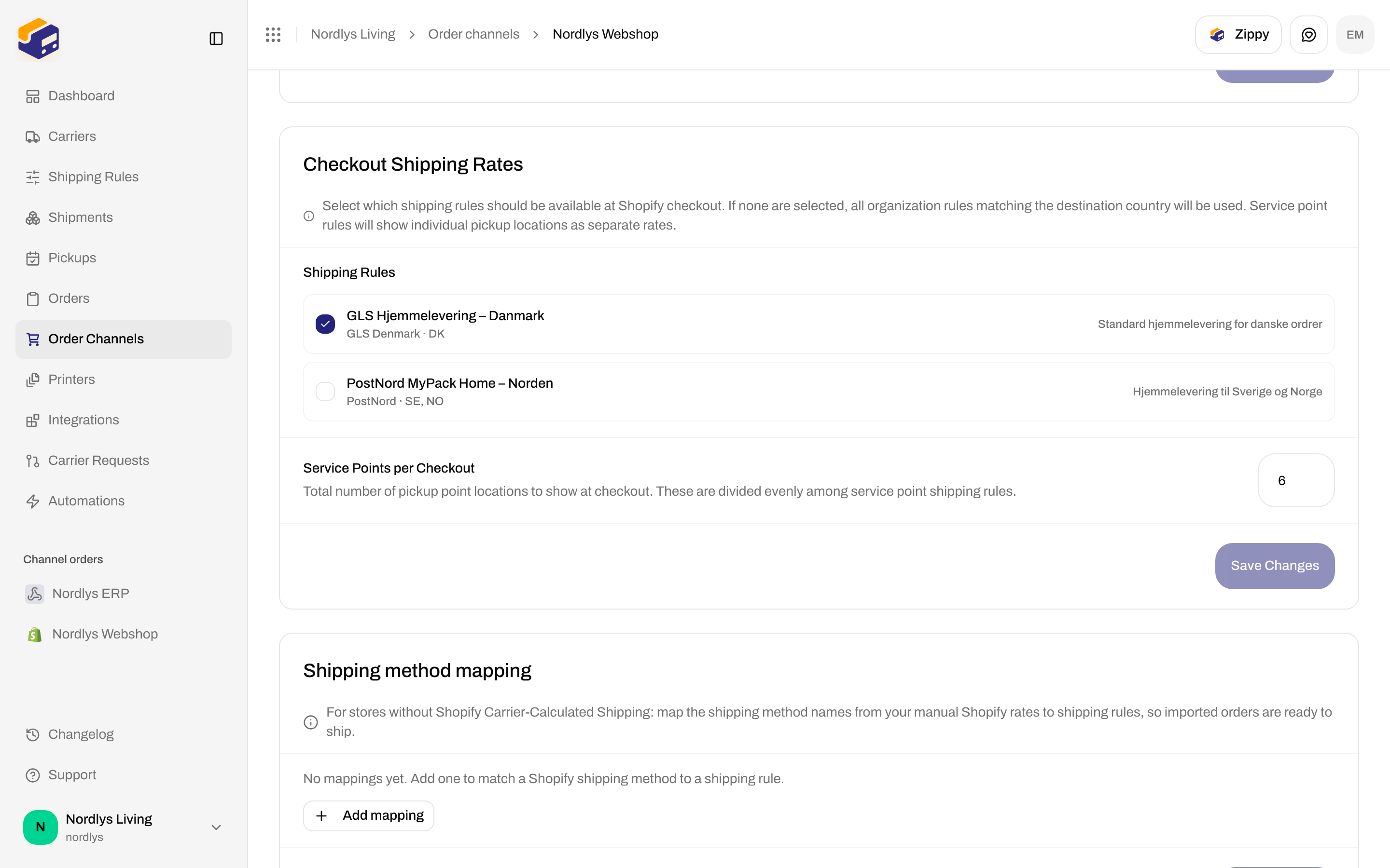 Service Points per Checkout set to 6, with Shipping method mapping empty below