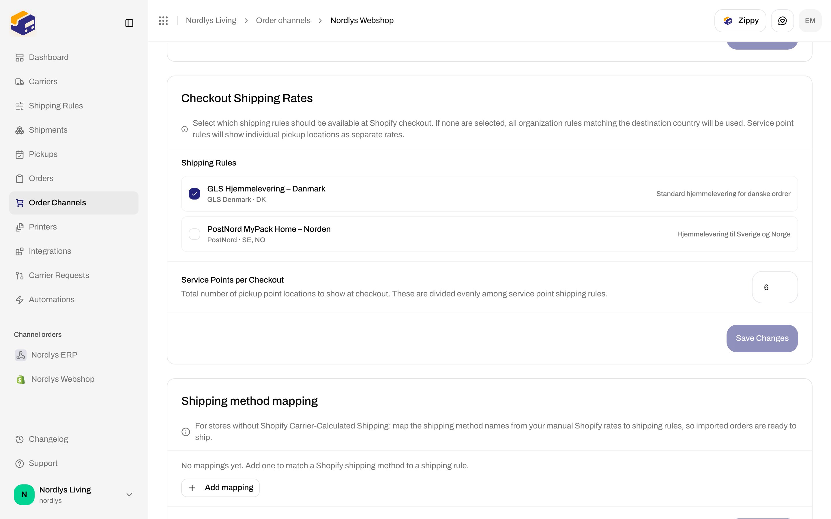 Service Points per Checkout set to 6, with Shipping method mapping empty below