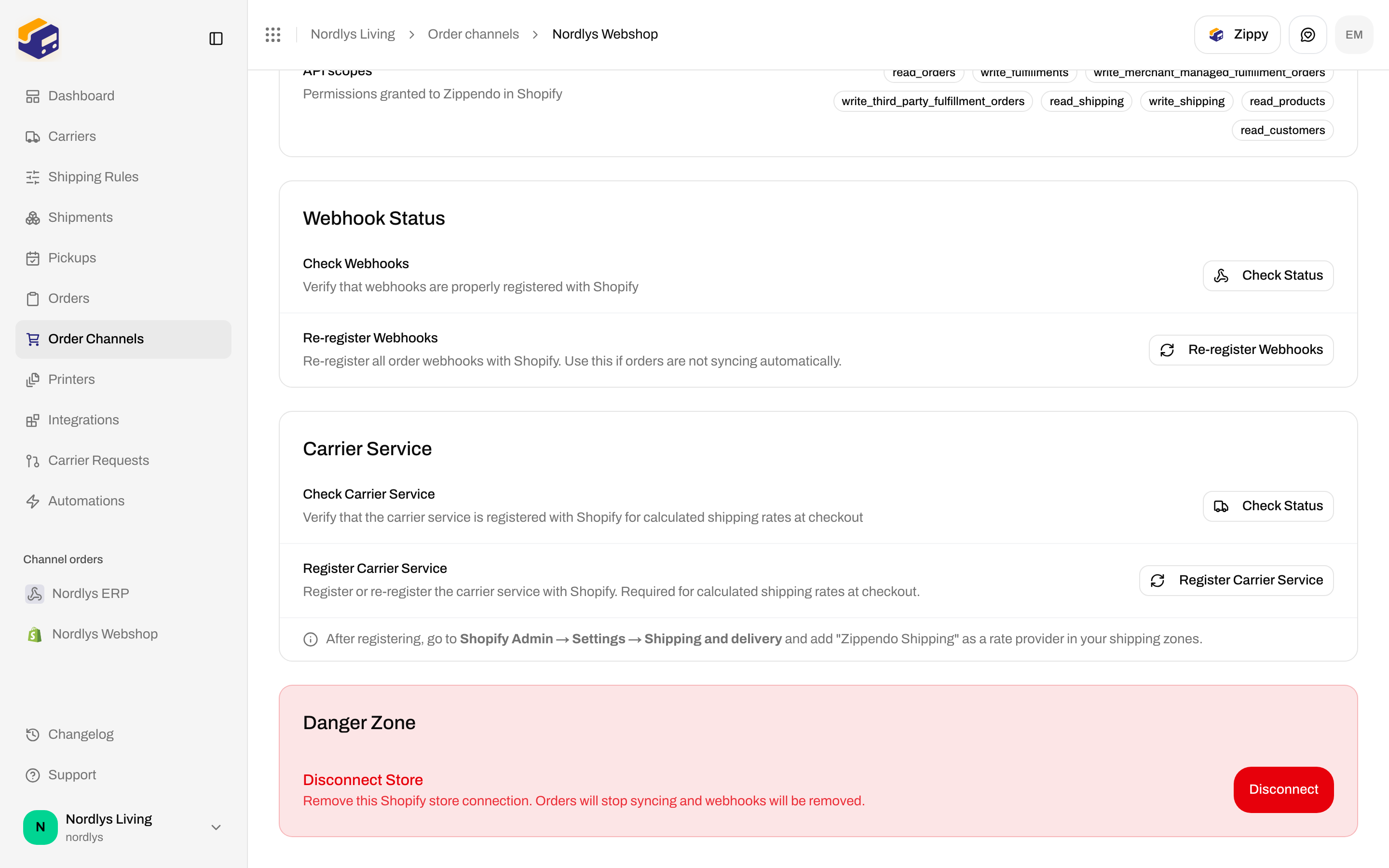Carrier Service card with Check Status and Register Carrier Service, plus Danger Zone